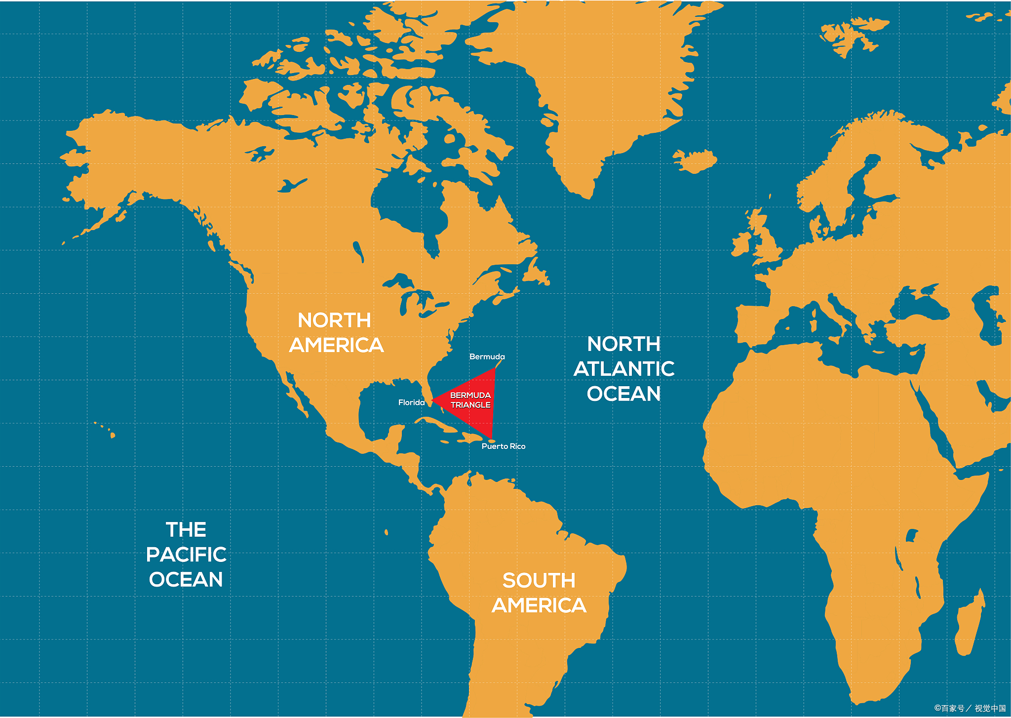 百慕大三角,位于北大西洋西部,由佛罗里达,波多黎各和百慕大群岛围成