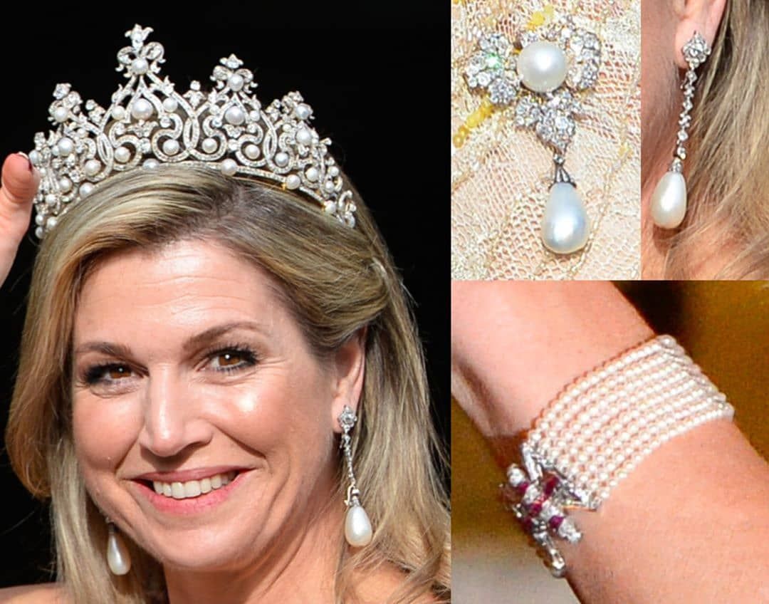 荷兰玛克西玛王后有一条十分常用的珍珠手链,8排小珍珠 有红宝石的