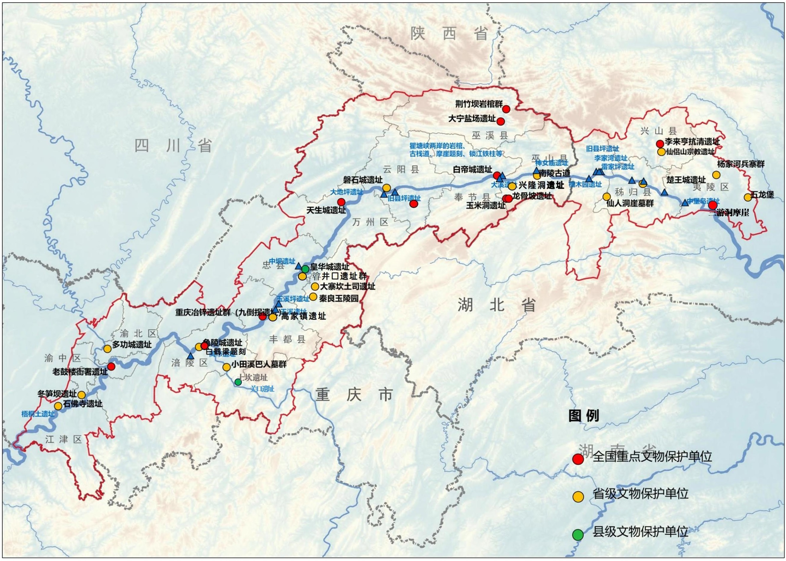 长江三峡考古遗址公园构成要素分布图