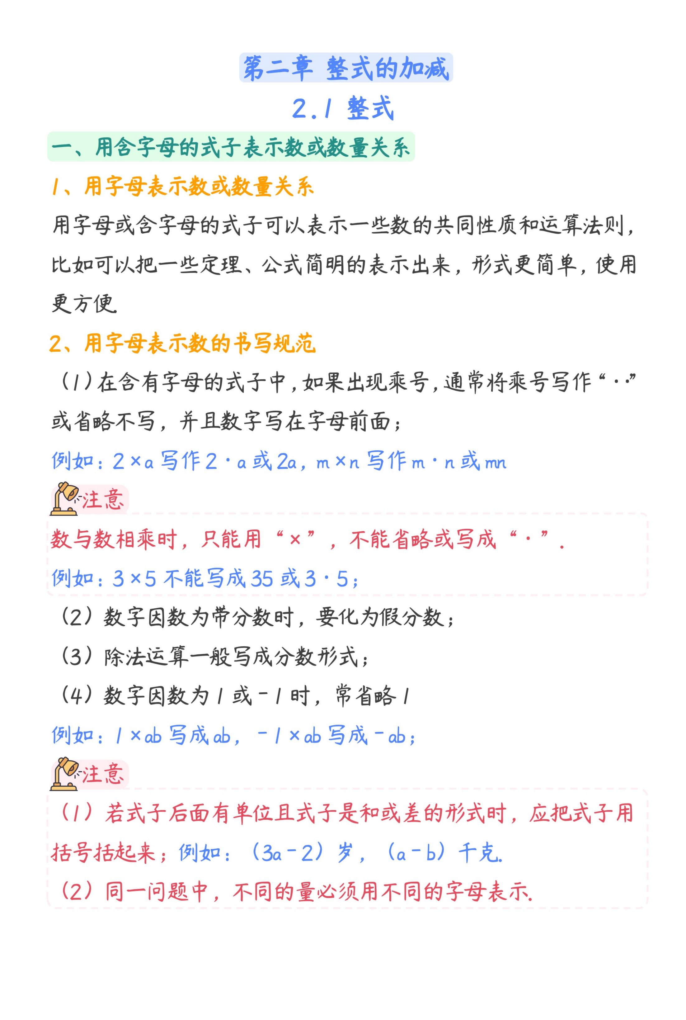 新初一的宝子 ,预习七年级的整式加减法,可以好好看看这份笔记!