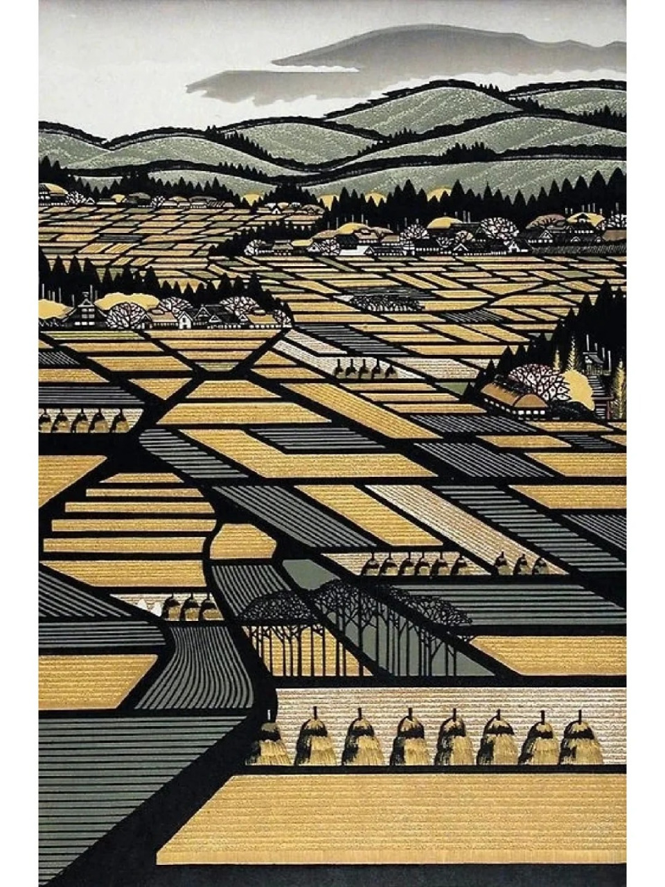 雷森村创作的木刻版画创作素材多来自日本古典的建筑和风景,具有