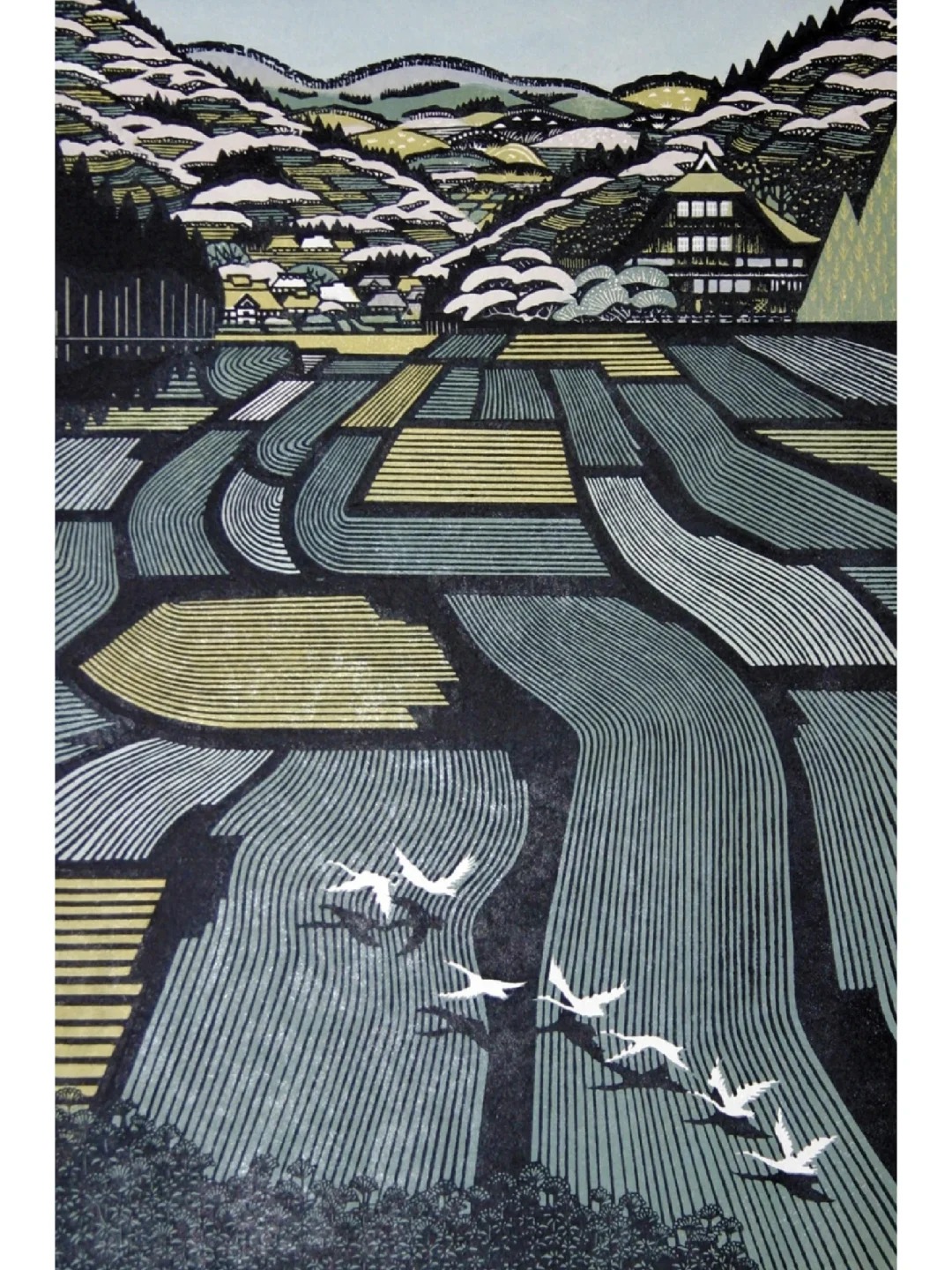 雷森村创作的木刻版画创作素材多来自日本古典的建筑和风景,具有