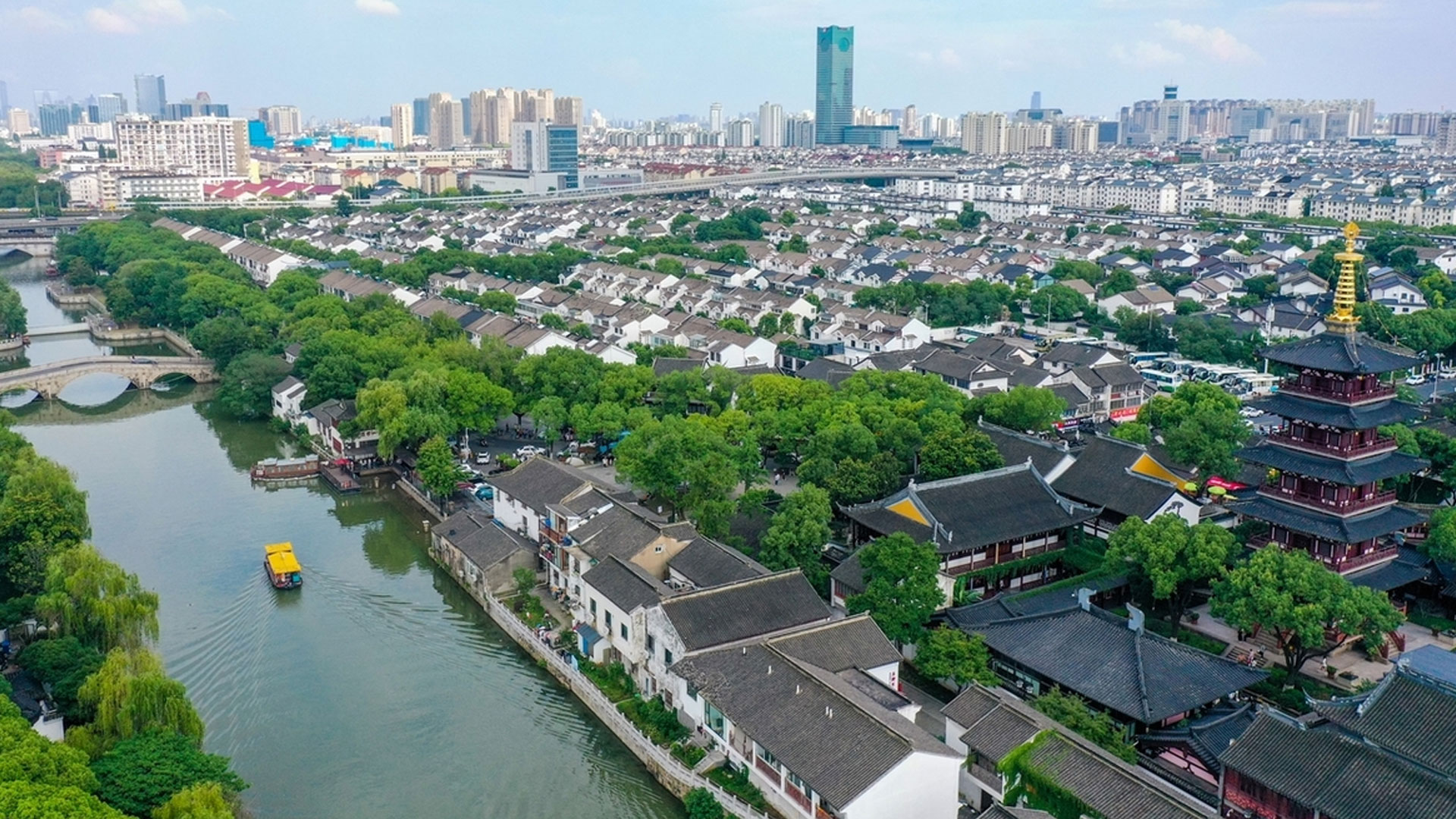 江苏苏州枫桥景区,绿树成荫,枝叶交织间漏下斑驳陆离的光影,与地面上