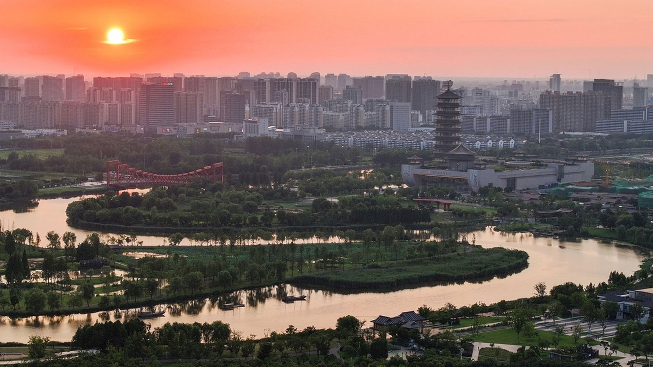 盛夏的炽热阳光下,江苏扬州运河三湾湿地公园绽放出勃勃生机,草木以最