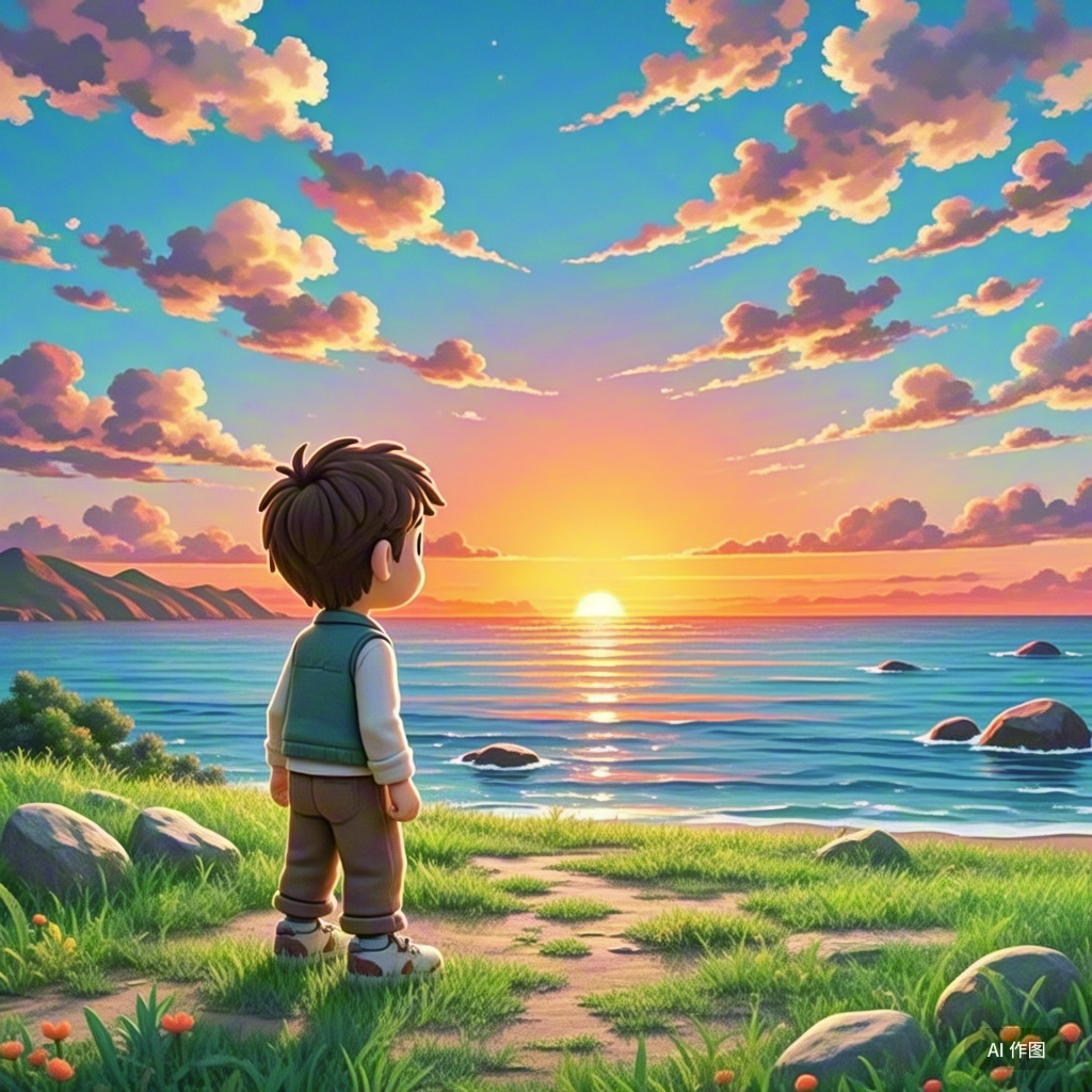 日出卡通背影初见曙光动漫图水墨画小孩坐在石头看日出看日出 二维