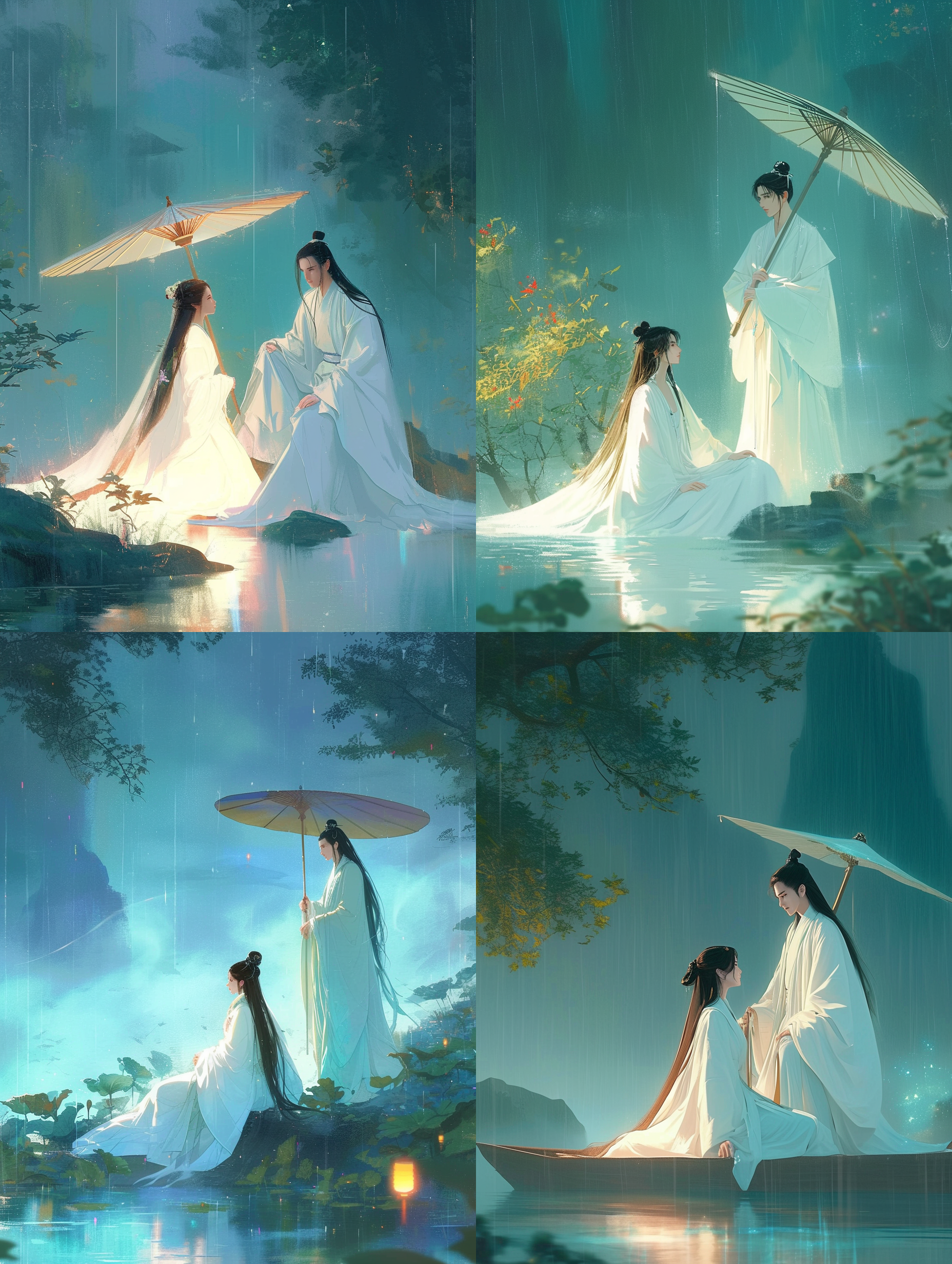 ai咒语:古风汉服情侣,一个倾国倾城绝美仙女身穿白色纱裙坐在河边,一