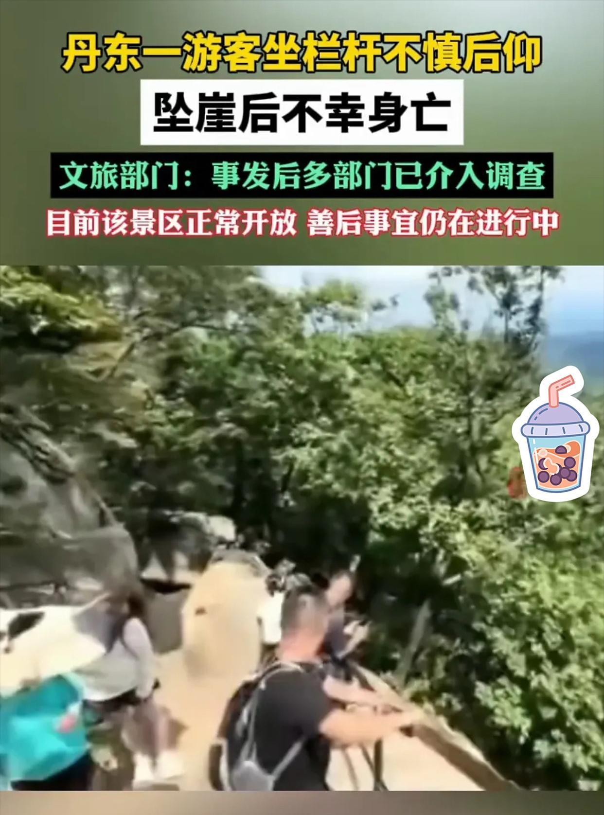 一名男子不顾安全警示冒险坐在景区栏杆上不慎后仰