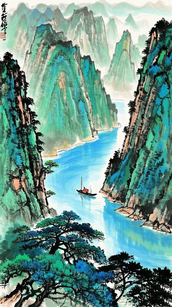 这幅作品以刘海粟的独特风格呈现,展现了高耸入云的陡峭山林与蜿蜒