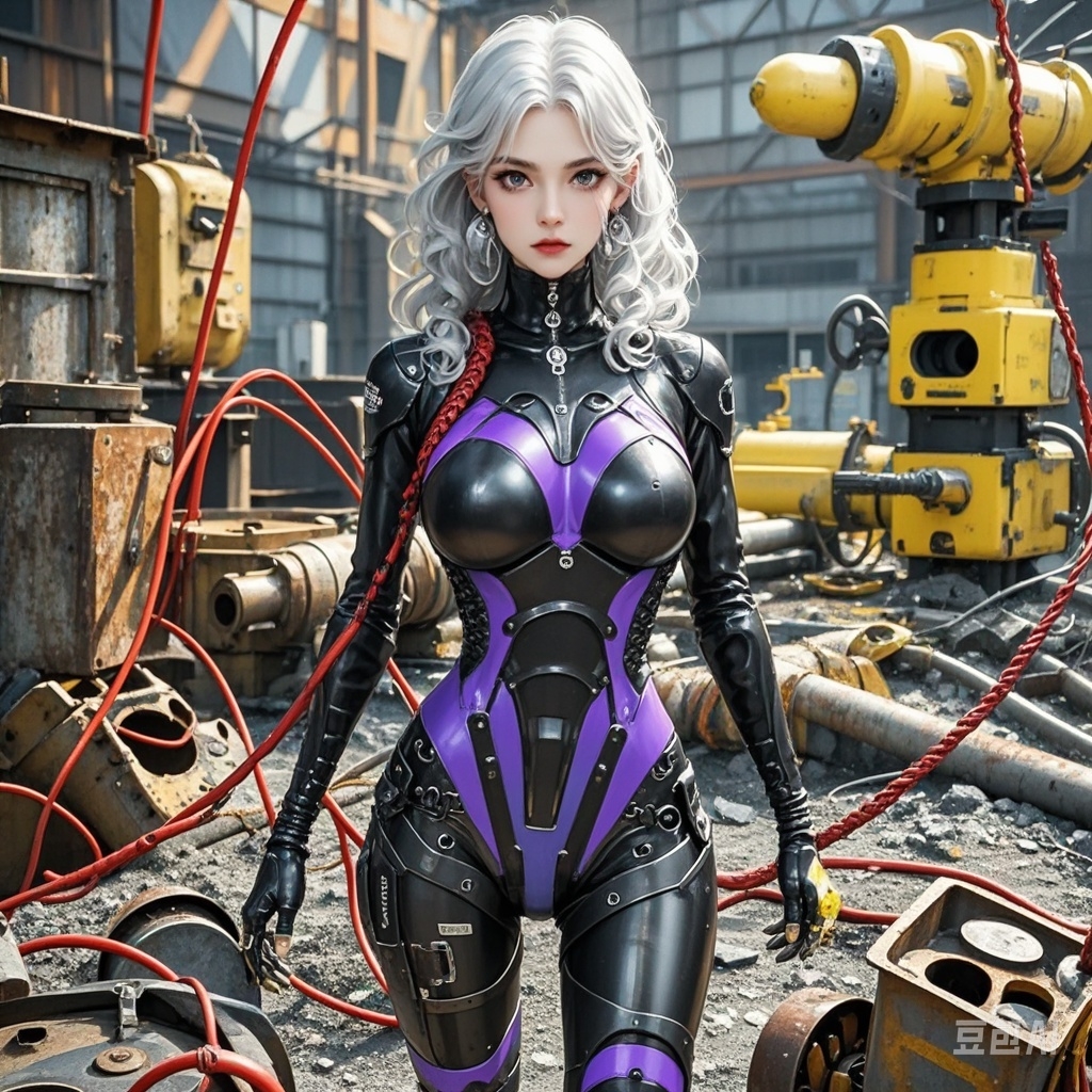 她在废弃的工业废墟之中,周围散落着锈迹斑斑的机器,红色电线和黄色