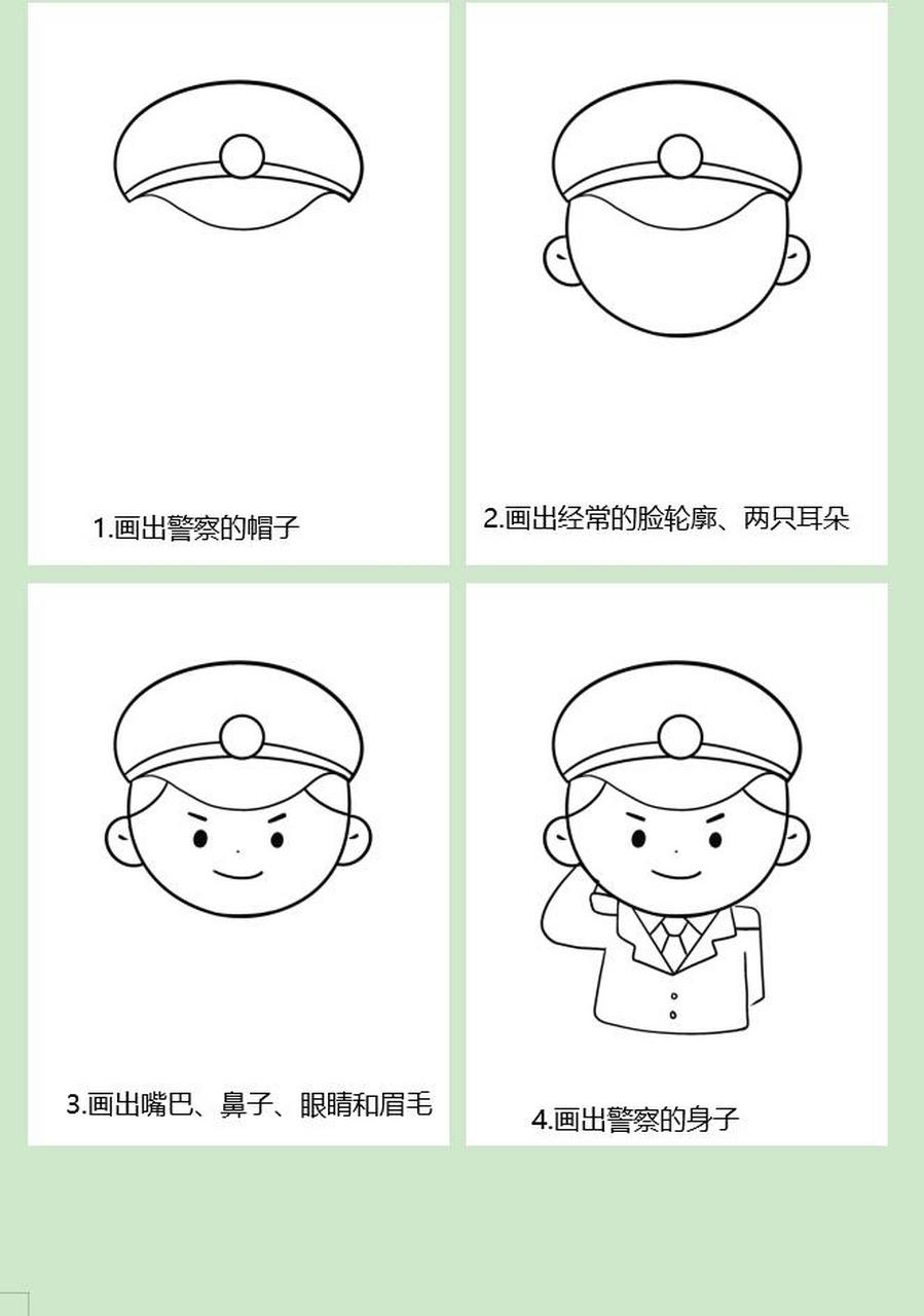 警察的简笔画教程来咯,简单又好看  1.画出警察的帽子 2.