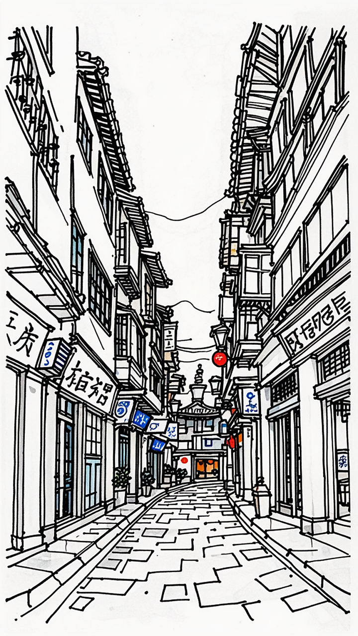 老街线描#艺术# #ai绘画##动态夏日征集令##动态连更挑战