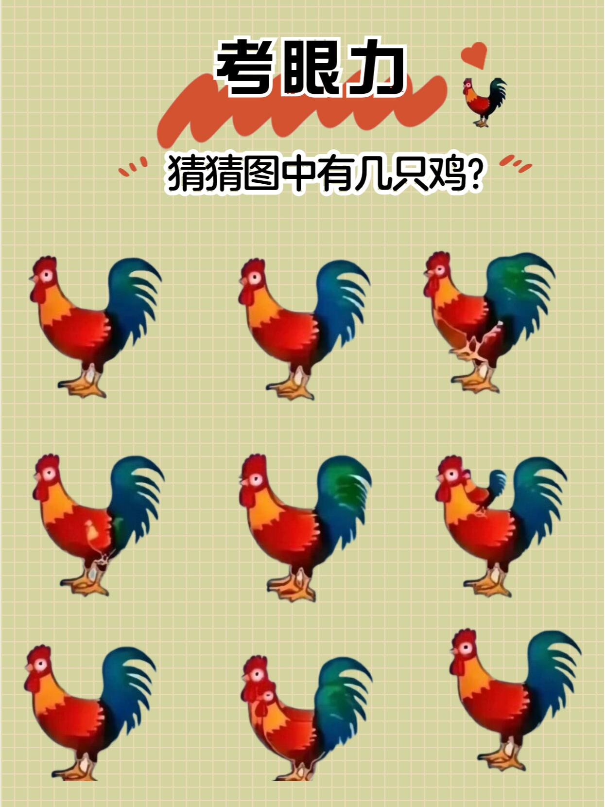 图中有几只大公鸡 看到9只:粗心型 看到14只