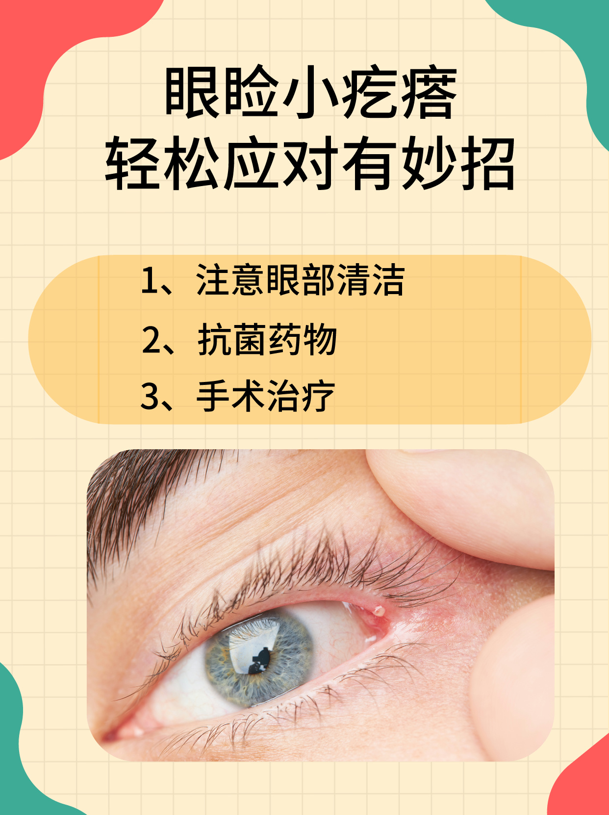 具体治疗方法如下: 1,注意眼部清洁:如果是脂肪粒引起,注意局部保湿