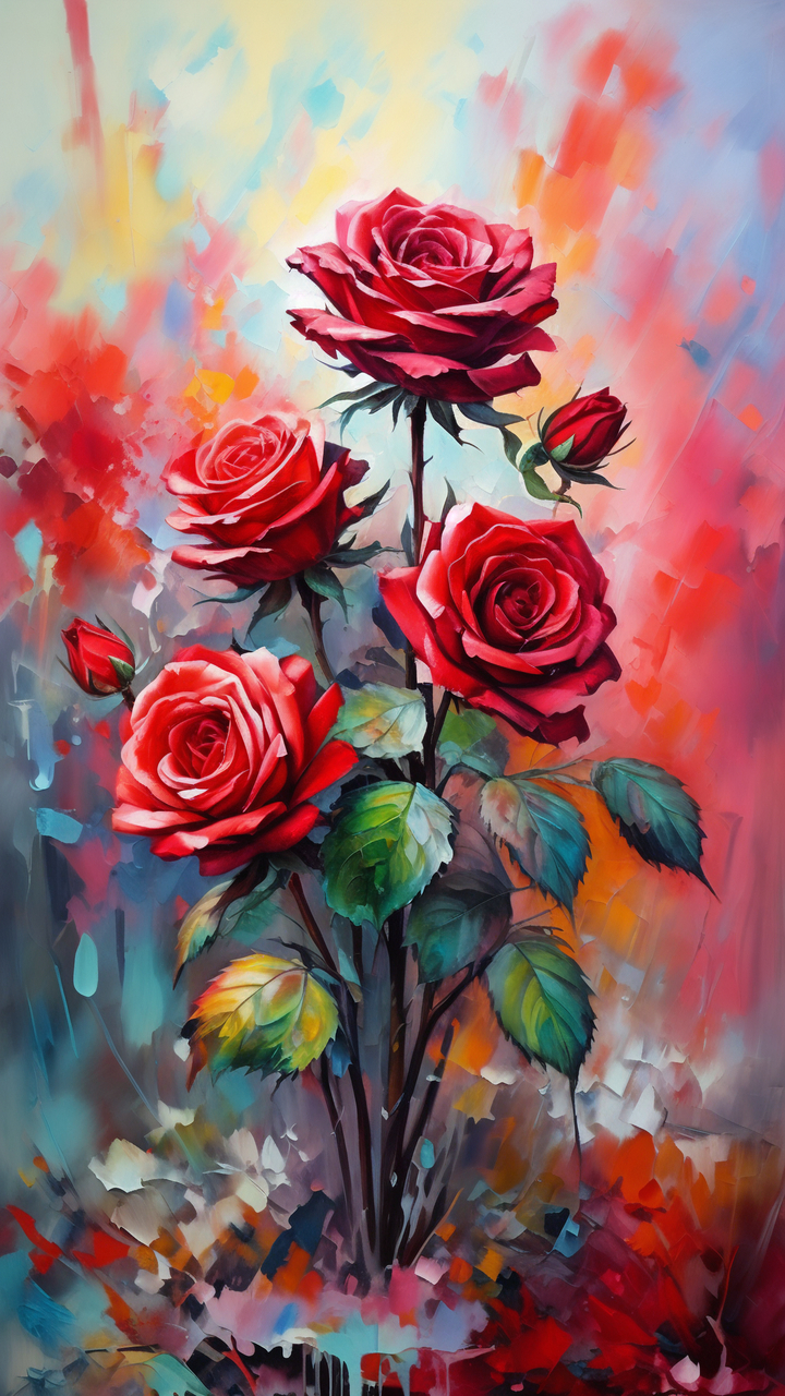 在这幅厚涂油画中,枯萎的玫瑰花如同生命的挽歌,铺满了整个画布,它们