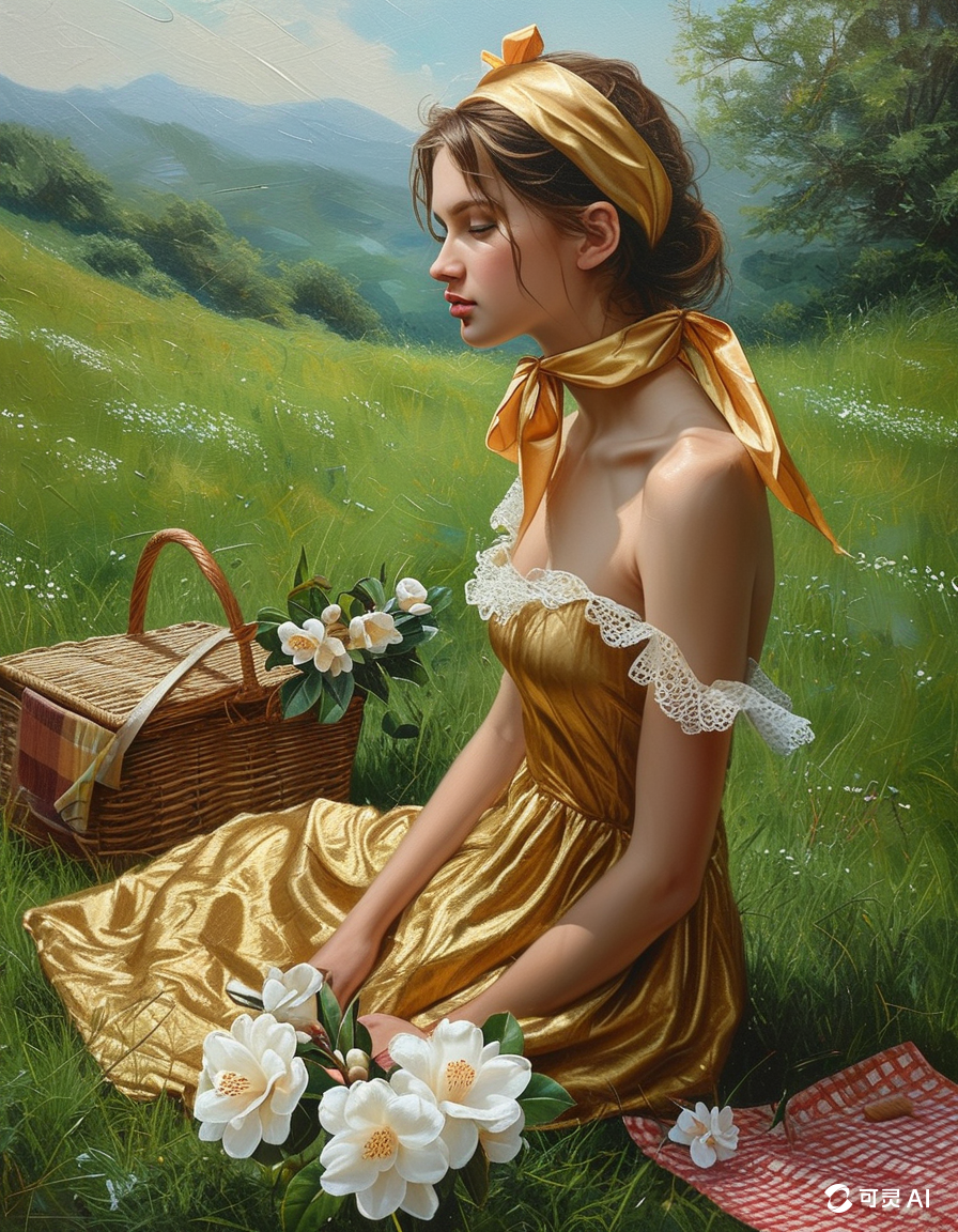 油画质感,穿着金色连衣裙,脖子上系着丝巾的年轻女子侧坐在青翠的草地