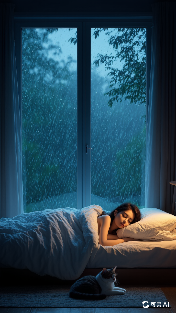 窗外下着大雨,树叶摇摆,室内摆设温馨,一个美女安详的躺在床上睡觉