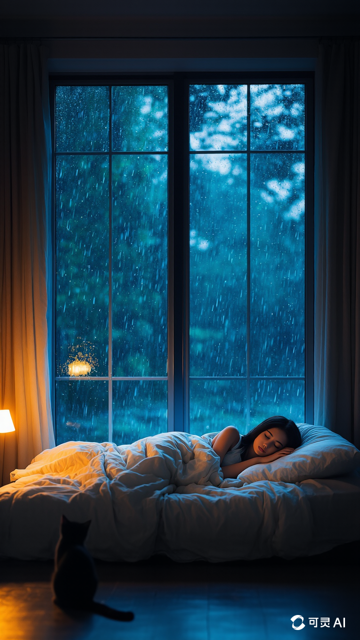 窗外下着大雨,树叶摇摆,室内摆设温馨,一个美女安详的躺在床上睡觉