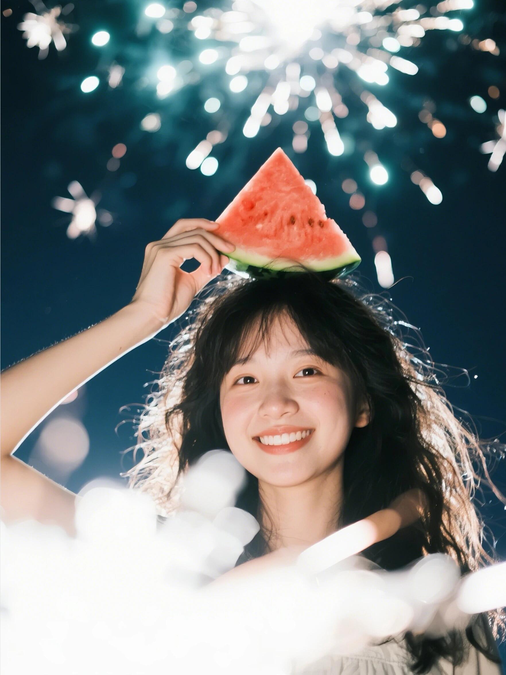 头顶西瓜的俏皮姿势,瞬间拉满轻松氛围,与背景璀璨烟火形成奇妙反差
