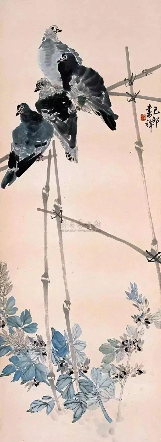 国画小写意鸽子展诗意雅致,画家细腻笔触勾勒轻盈身姿,形态各异显和谐