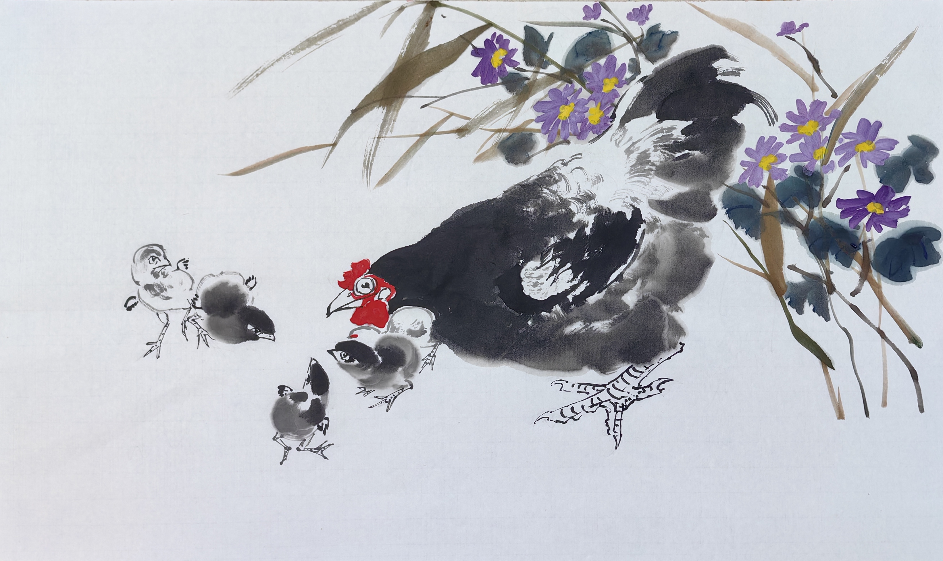 《育雏图》是一幅生动描绘母鸡喂食小鸡场景的国画佳作,出自胡玉德