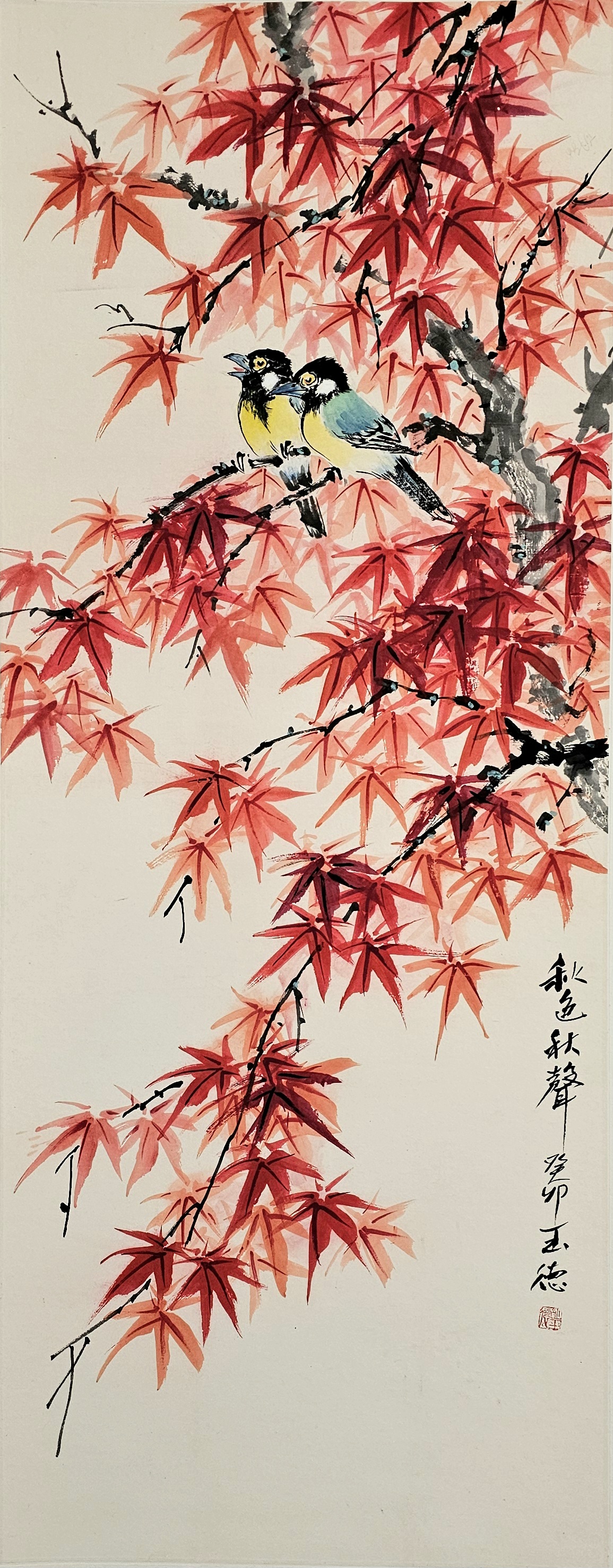 —一幅以红叶与大山雀为题材的国画小写意佳作,宛如一