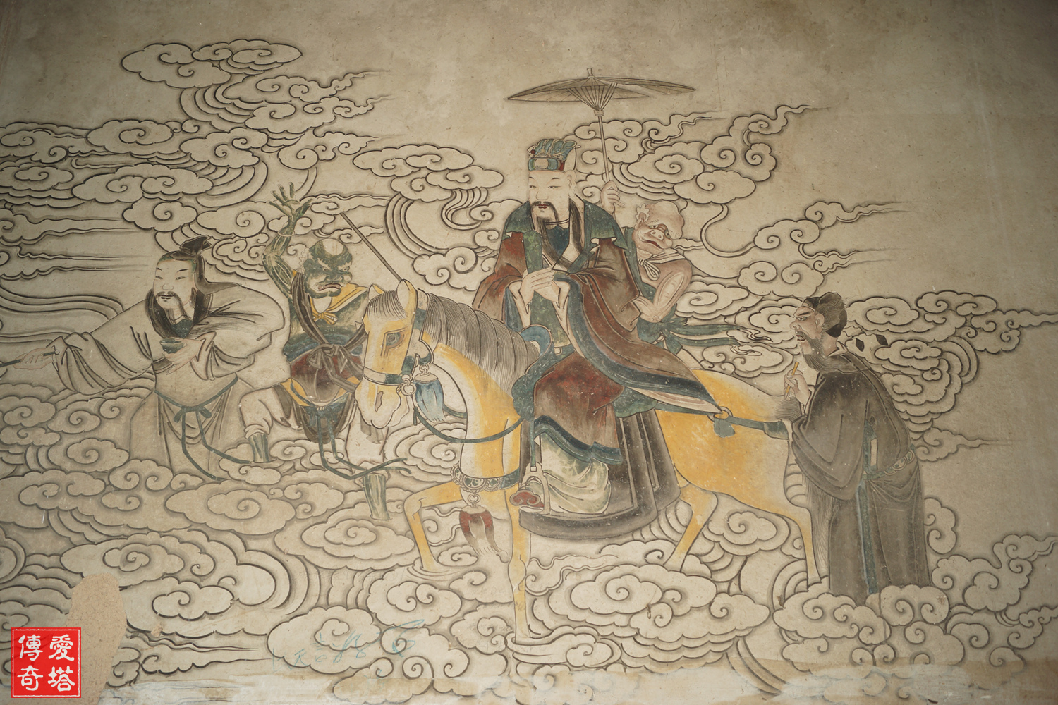 山西晋中祁县朴村关帝庙的两侧朵殿里,原有四铺清代壁画,大约2015年