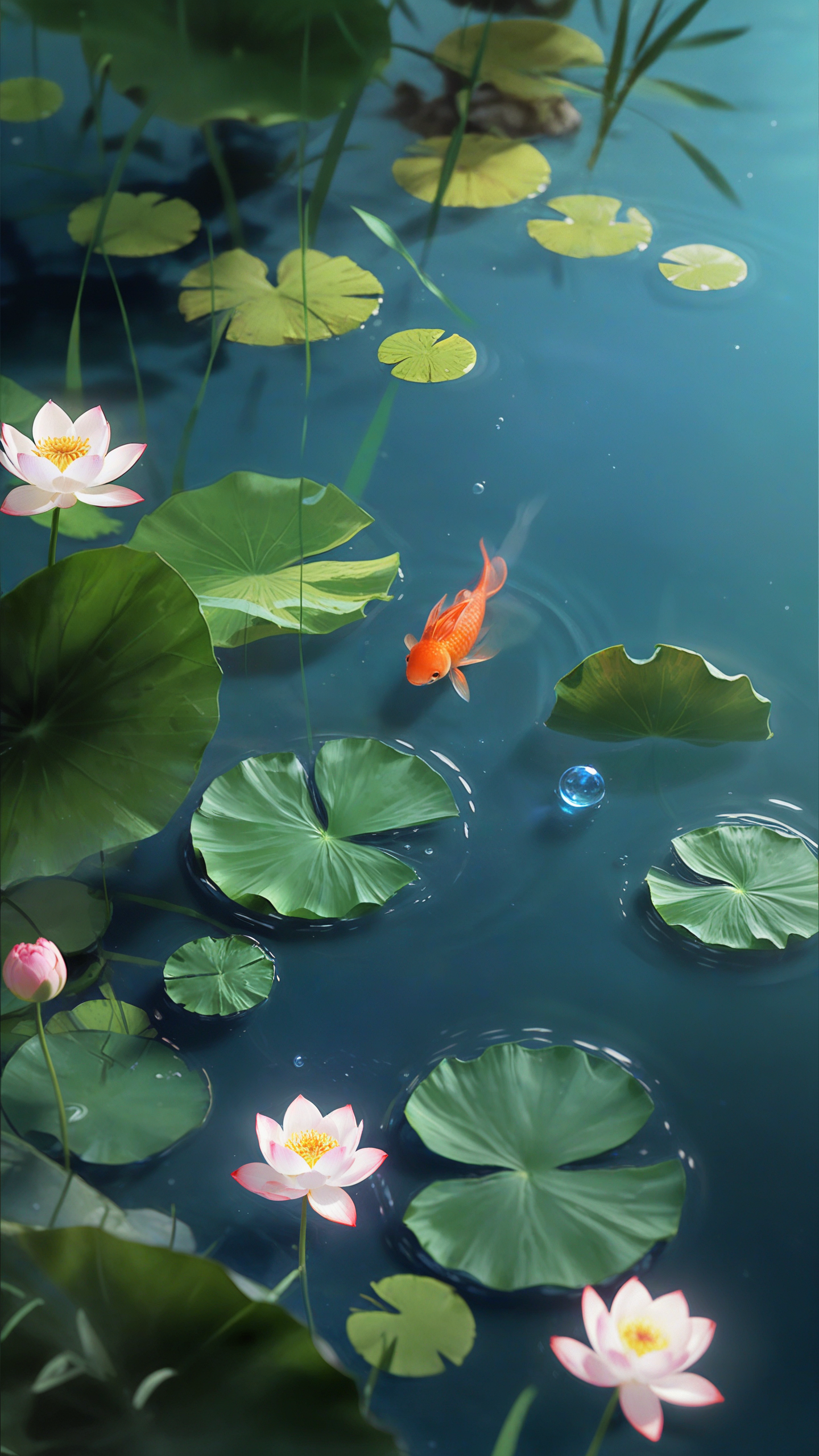 荷叶轻摇绿波上,莲花绽放笑颜开.  愿君如鱼得水游,好运莲莲福绵绵.
