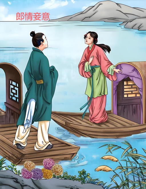 "郎情妾意"这个成语出自唐代李白《长干行》:"妾发初覆额,折花门前剧