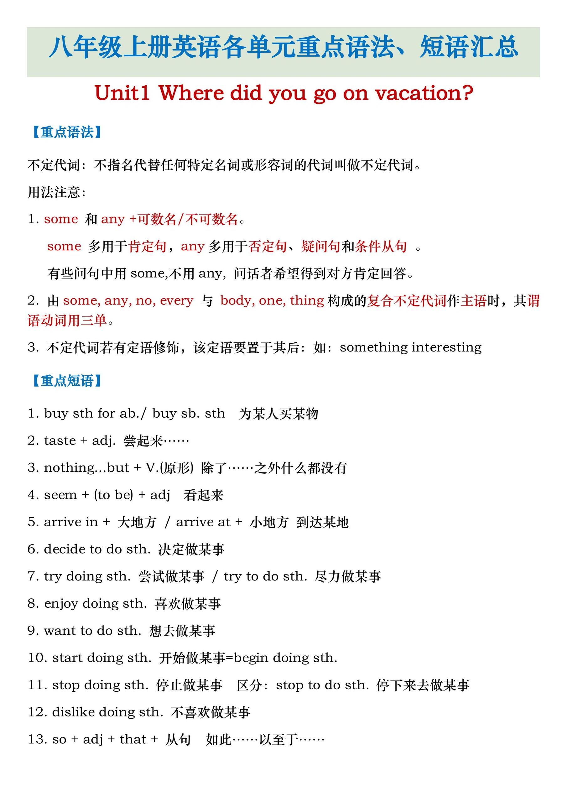 新八年级上册全册重点短语句型！(新八年级上册全册重点短语句型归纳)