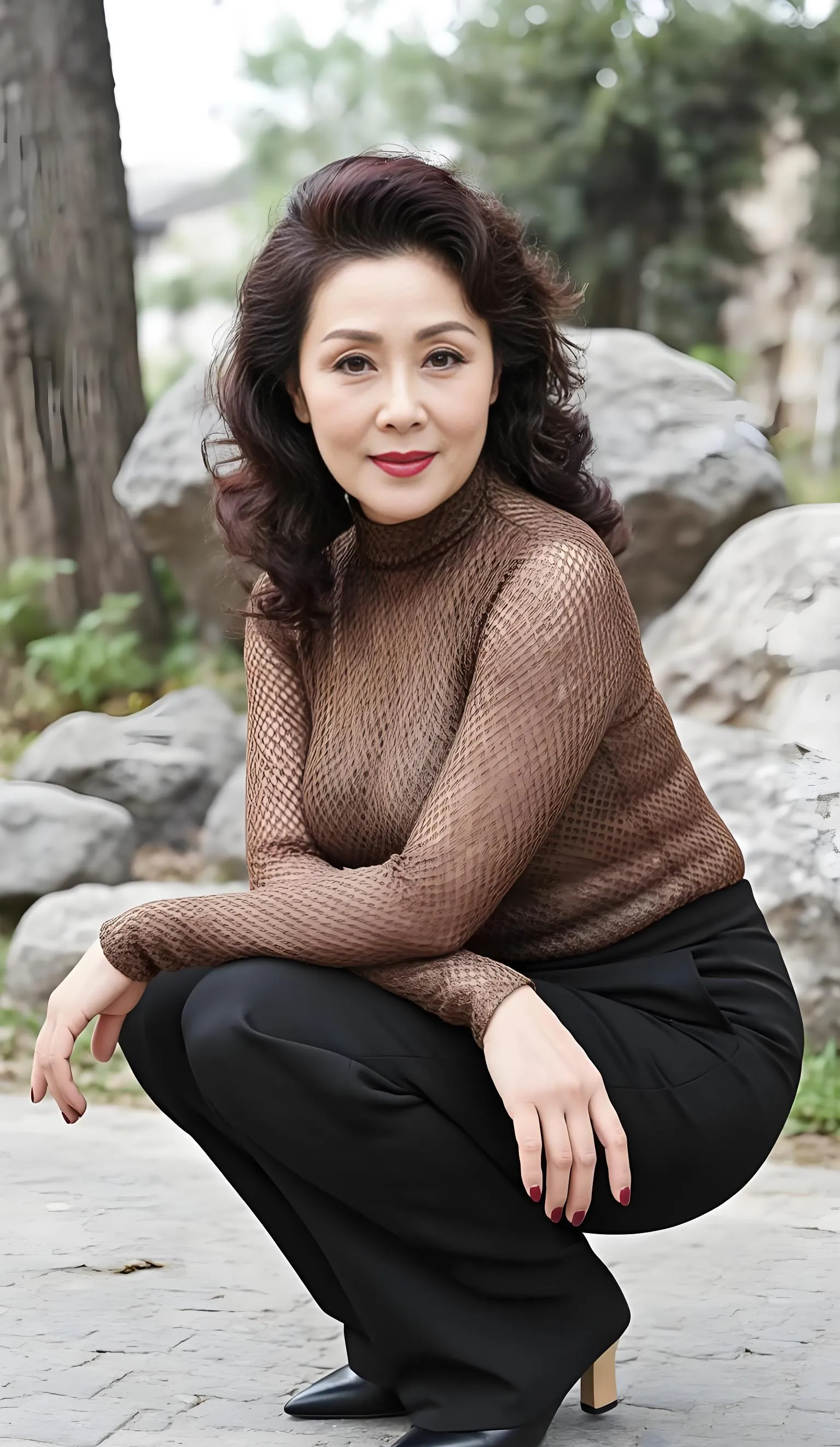 这款褐色网格长袖上衣搭配黑色西裤,特别适合50岁以上的姐姐们穿!