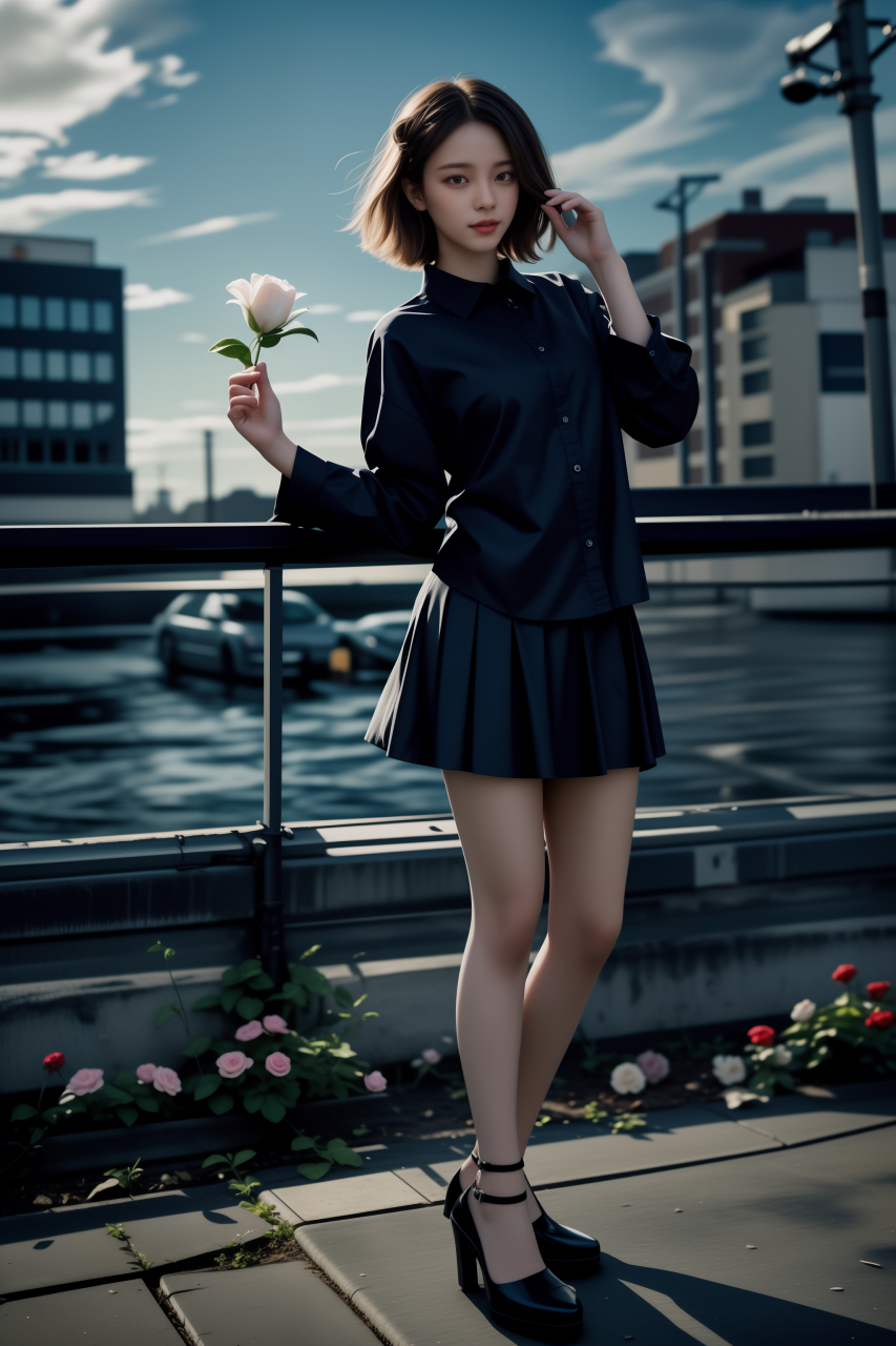 ai美女图片# #美女# #ai美女壁纸# 	繁忙的街道边,一位短发少女穿着