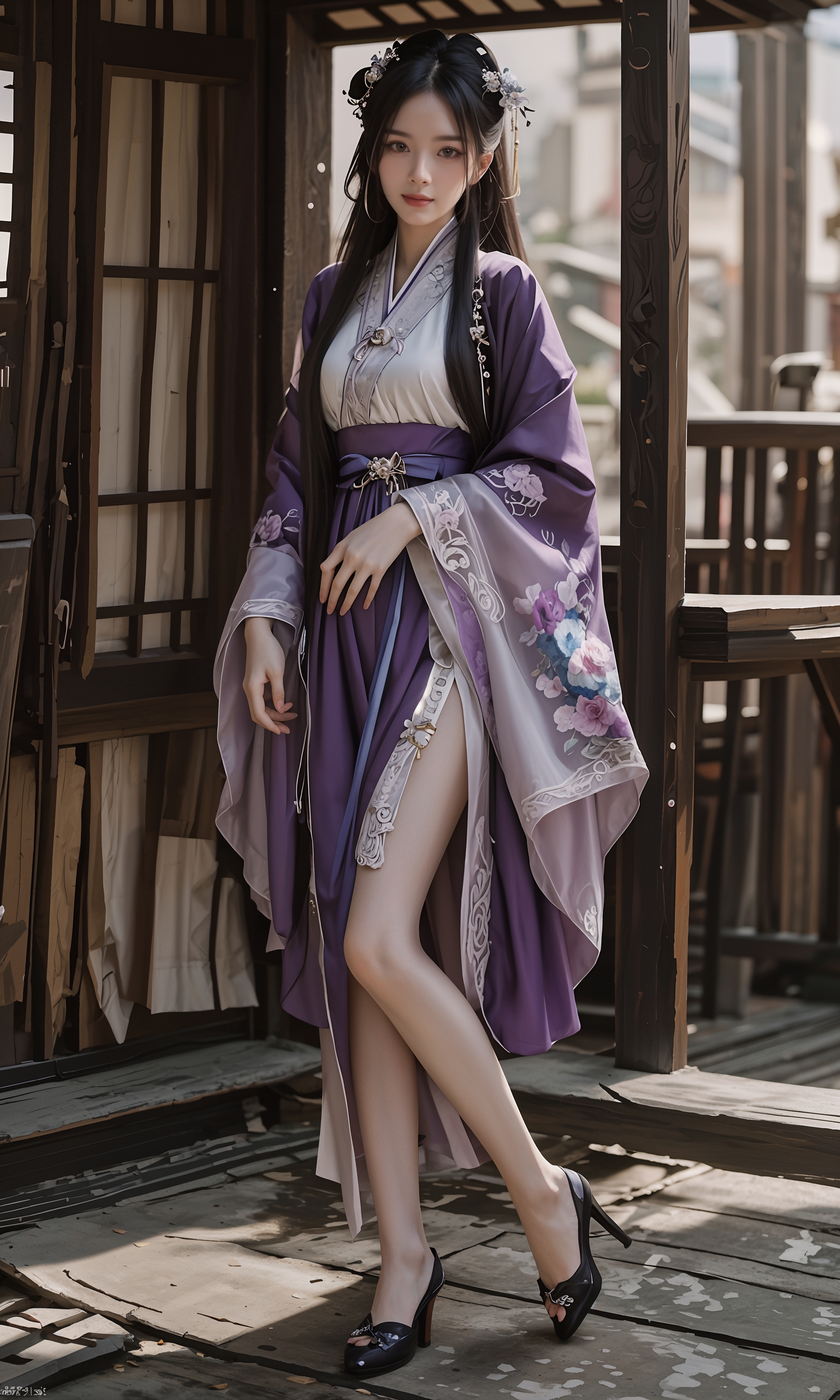 美女# #ai美女壁纸# 	在木屋的中央,一位穿着蓝色薄纱汉服的美女正与