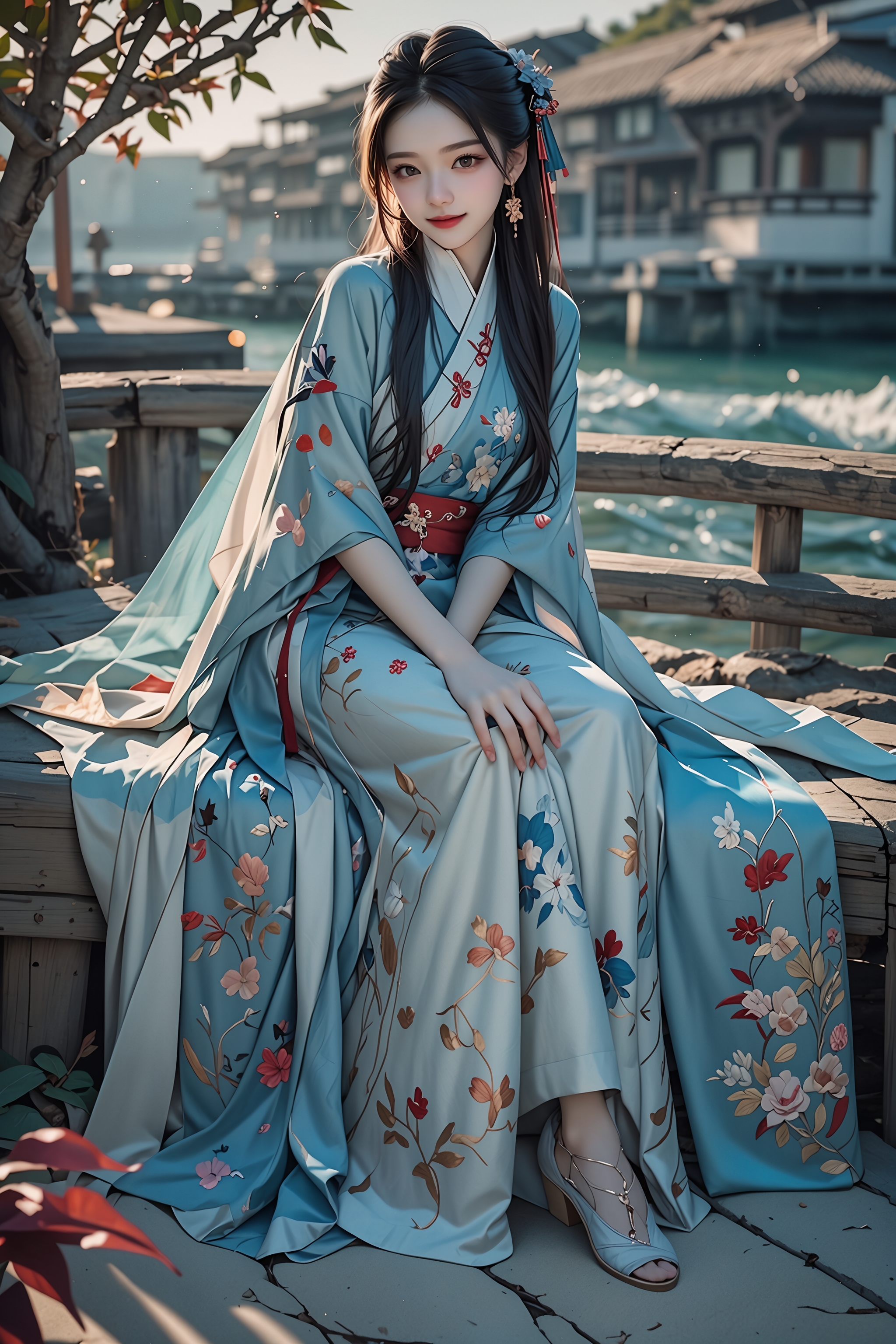 ai美女图片# #美女# #ai美女壁纸# 	在河塘微澜的见证下,青色汉服的