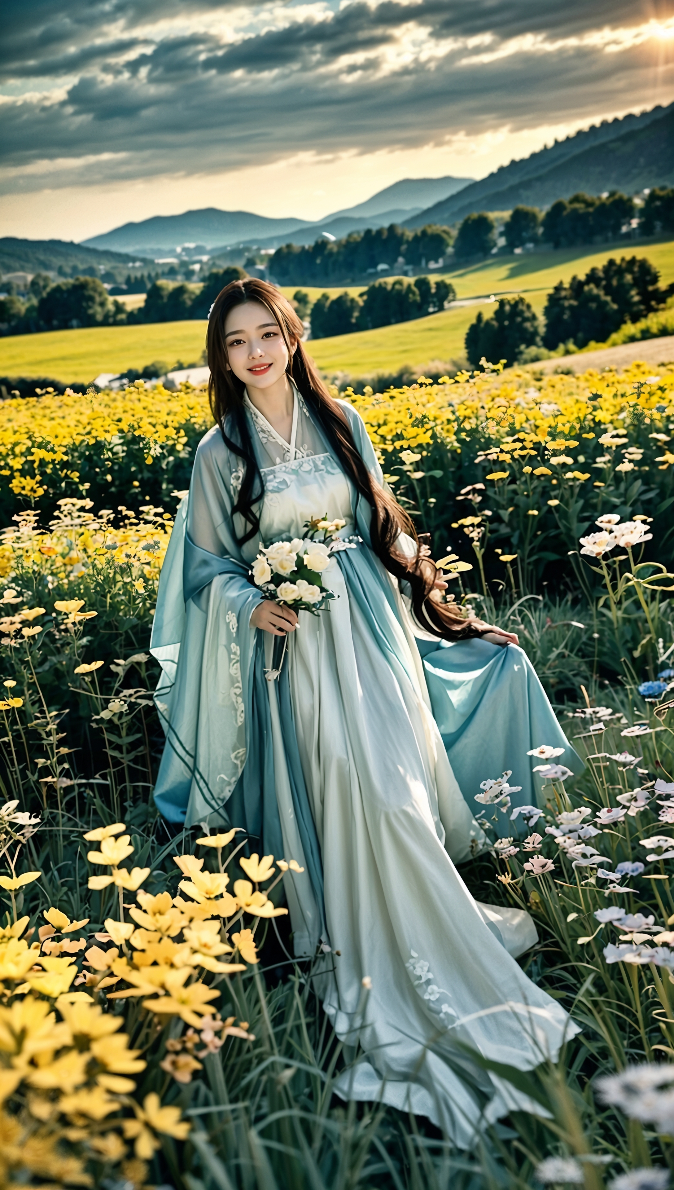 美女 ai美女壁纸 	清晨的露珠还挂在娇嫩的花瓣上天蓝色汉服的 
