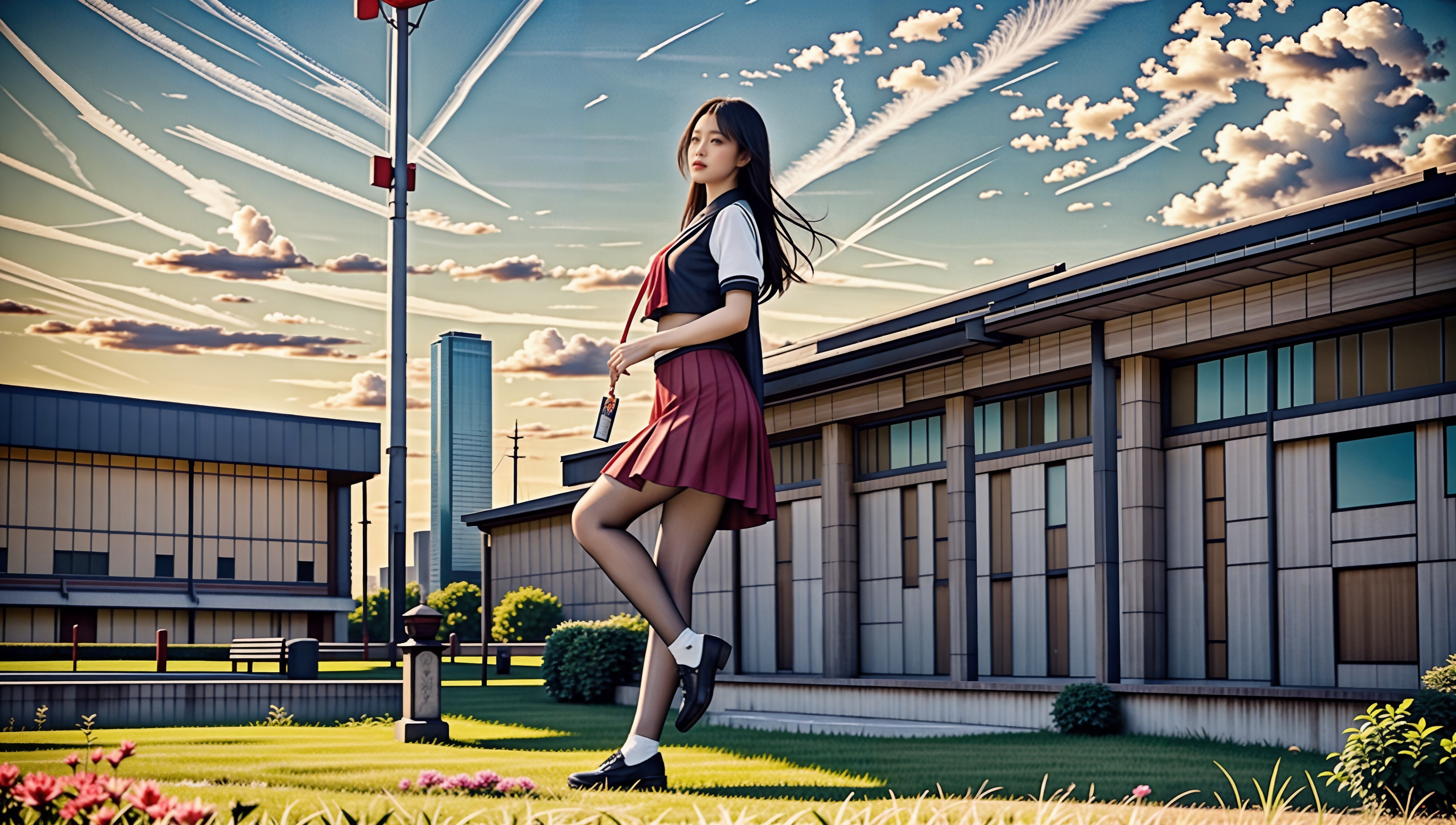 美女# #ai美女壁纸# 	在一个宁静的小镇上,一位穿着红色百褶裙的膳