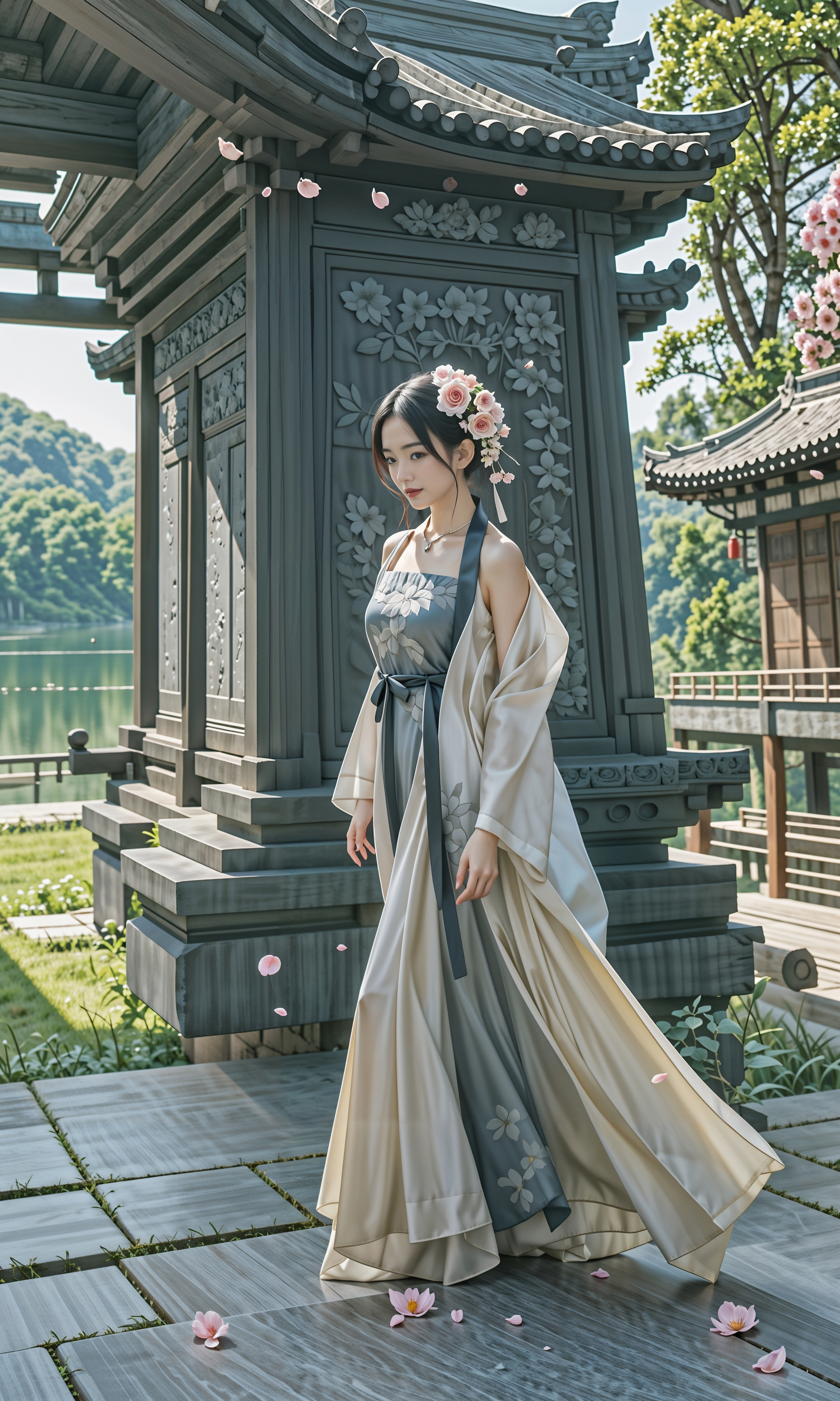 她身着淡雅的长裙头戴精致的花饰仿佛是从古代走来的仙子