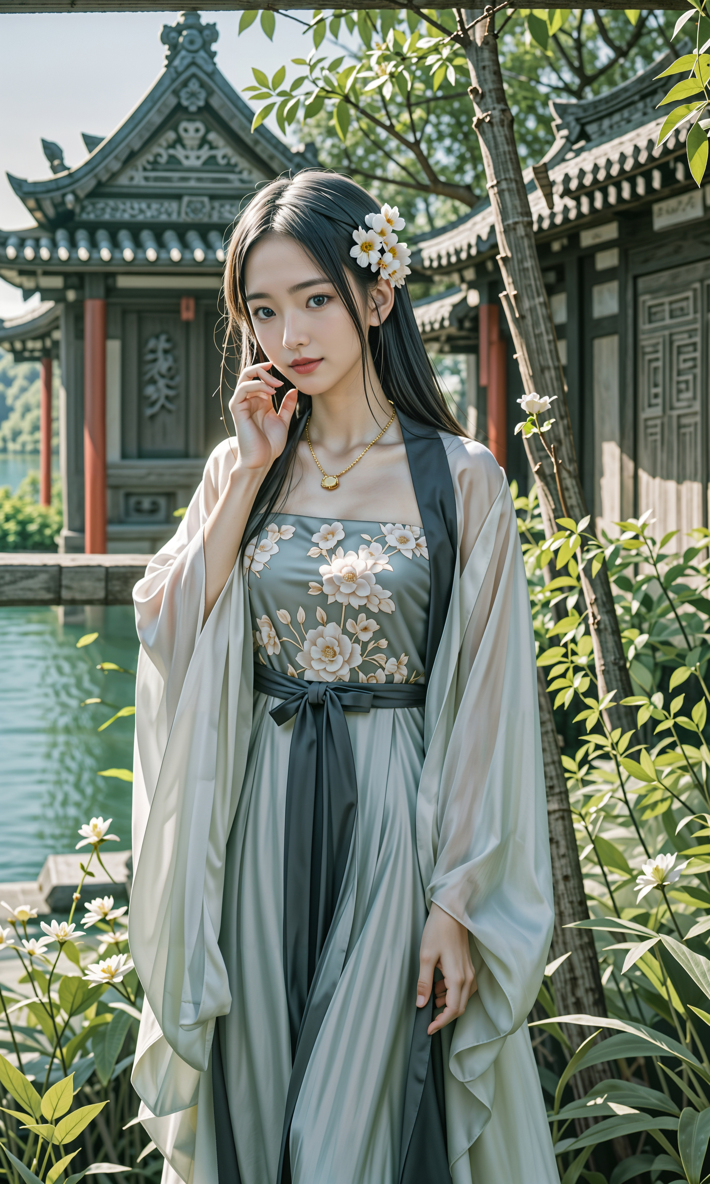 她身着淡雅的长裙头戴精致的花饰仿佛是从古代走来的仙子