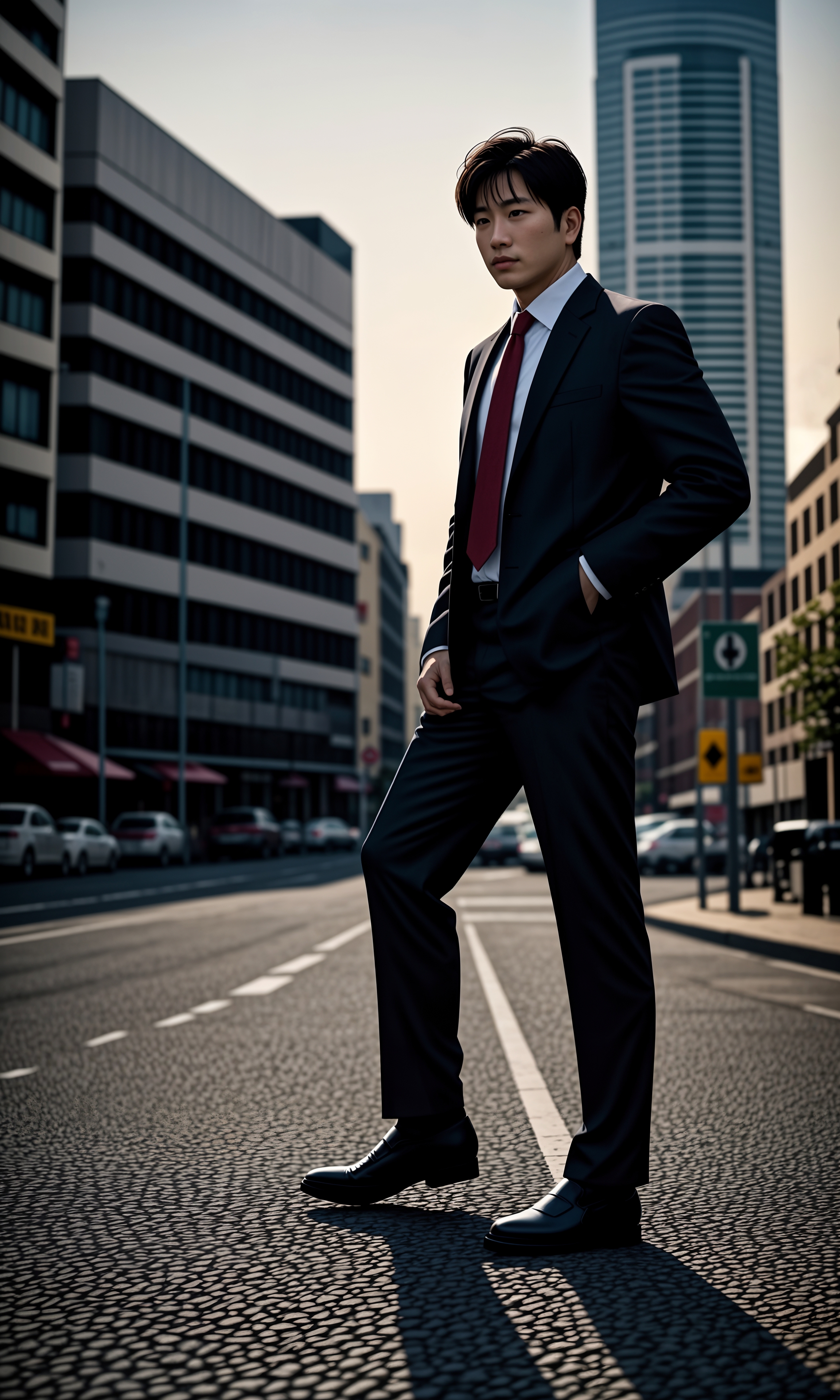 在繁忙都市的一角,一位穿着笔挺深色西装的绅士静坐在建筑的石阶上