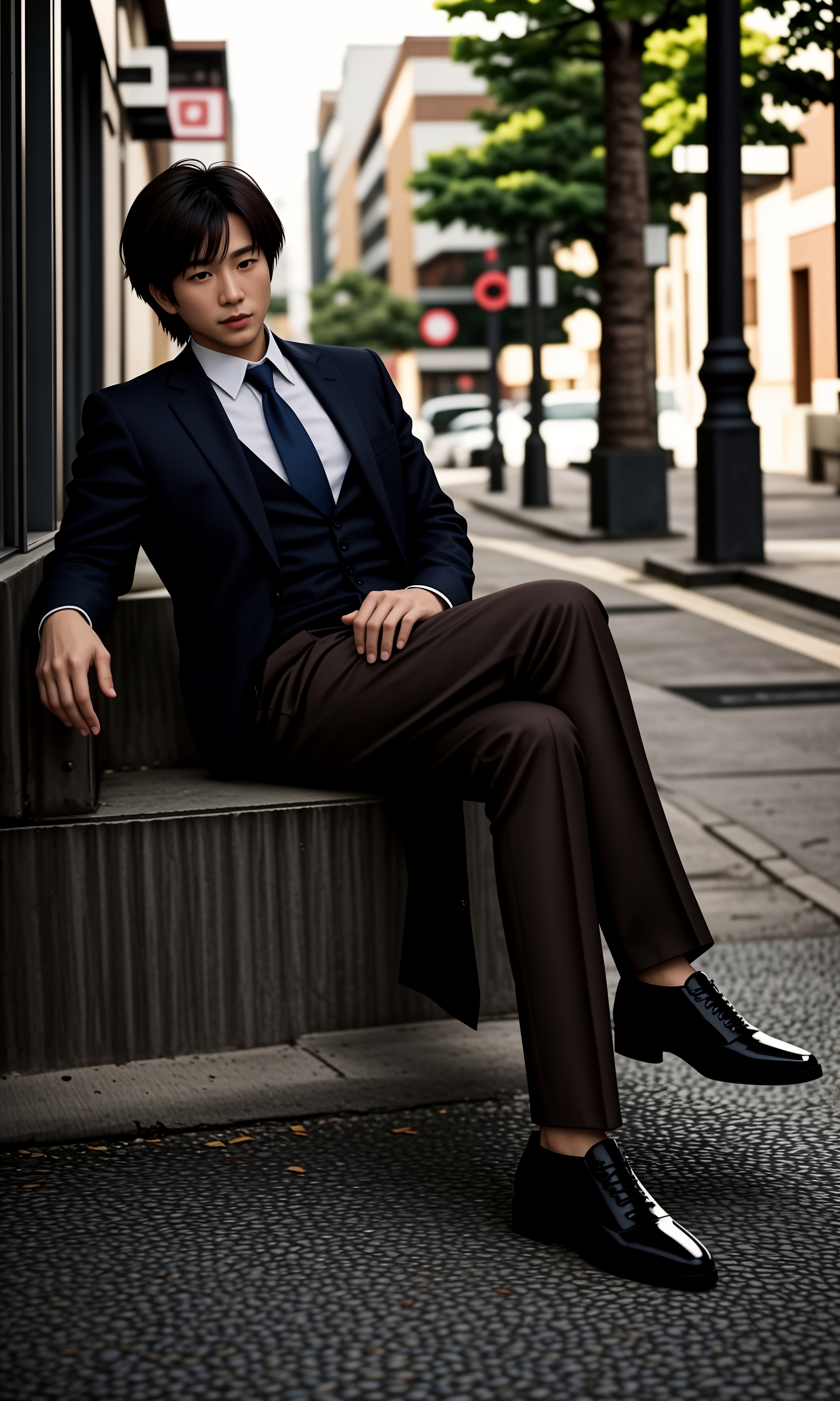 她的蓝色领带和白色衬衫衬托出她的职业精神