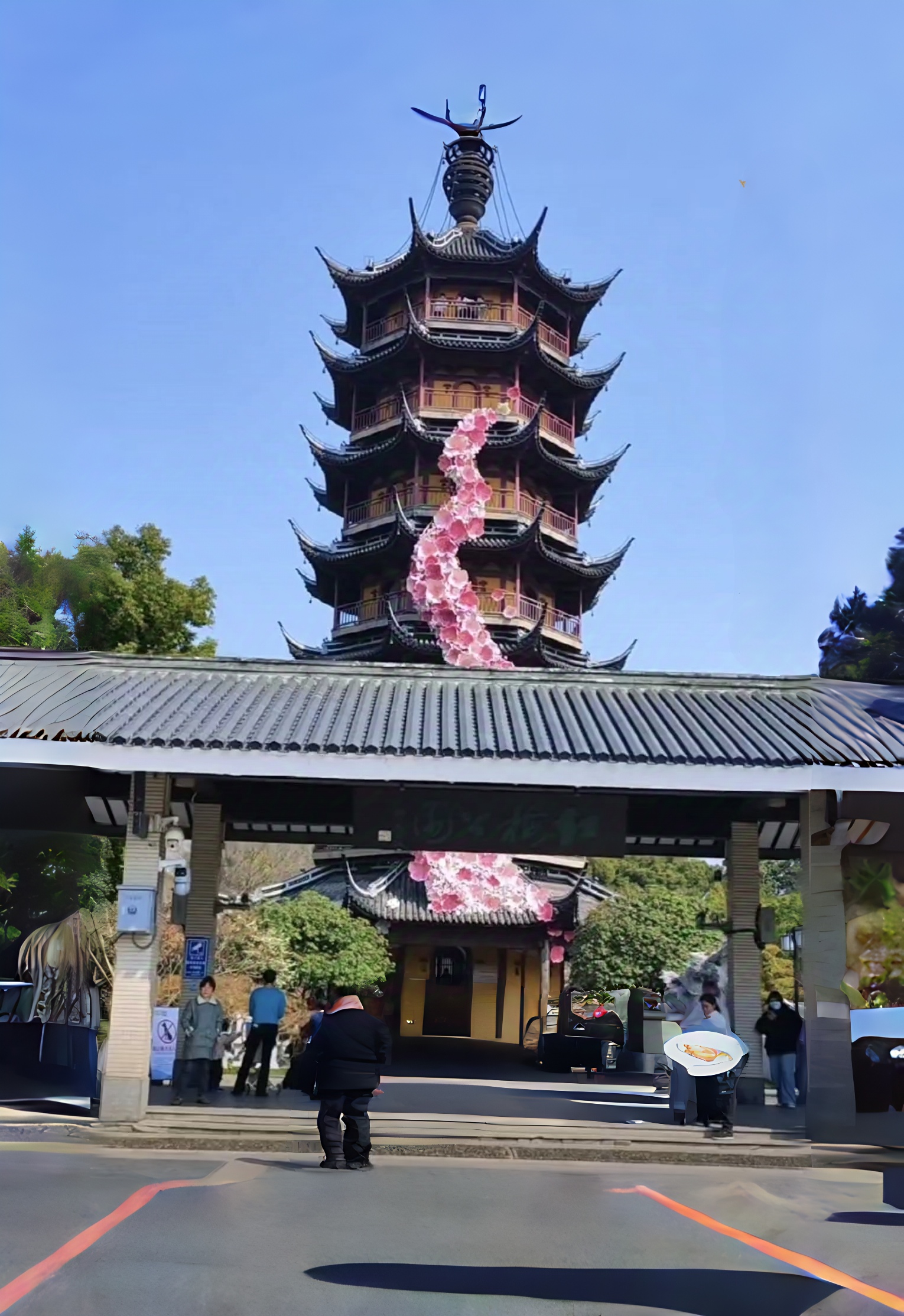 红梅阁文笔塔周边及赏梅堤区域集中展示江梅宫粉绿萼等 7 大品种近