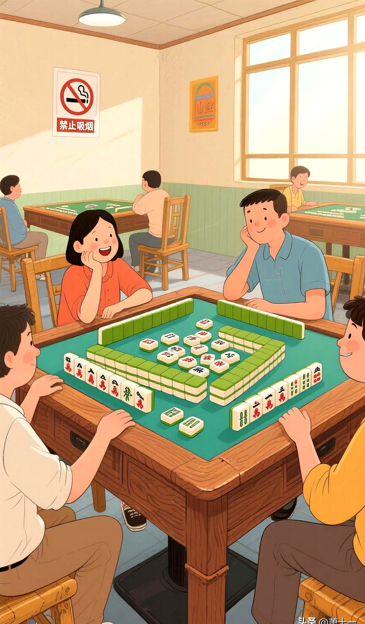 象棋和用餐场景图麻将馆漫画图片小树林打麻将卡通图片