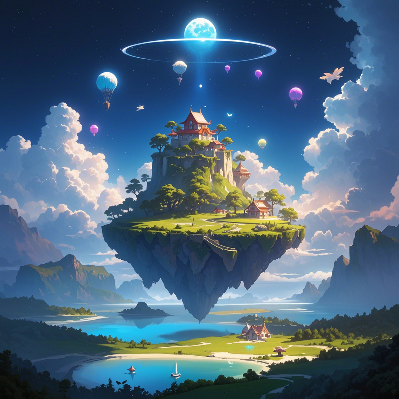 云梦浮空屿 浩瀚无垠的蔚蓝之上,岛屿悠然悬浮,轻触天际;晨曦微露