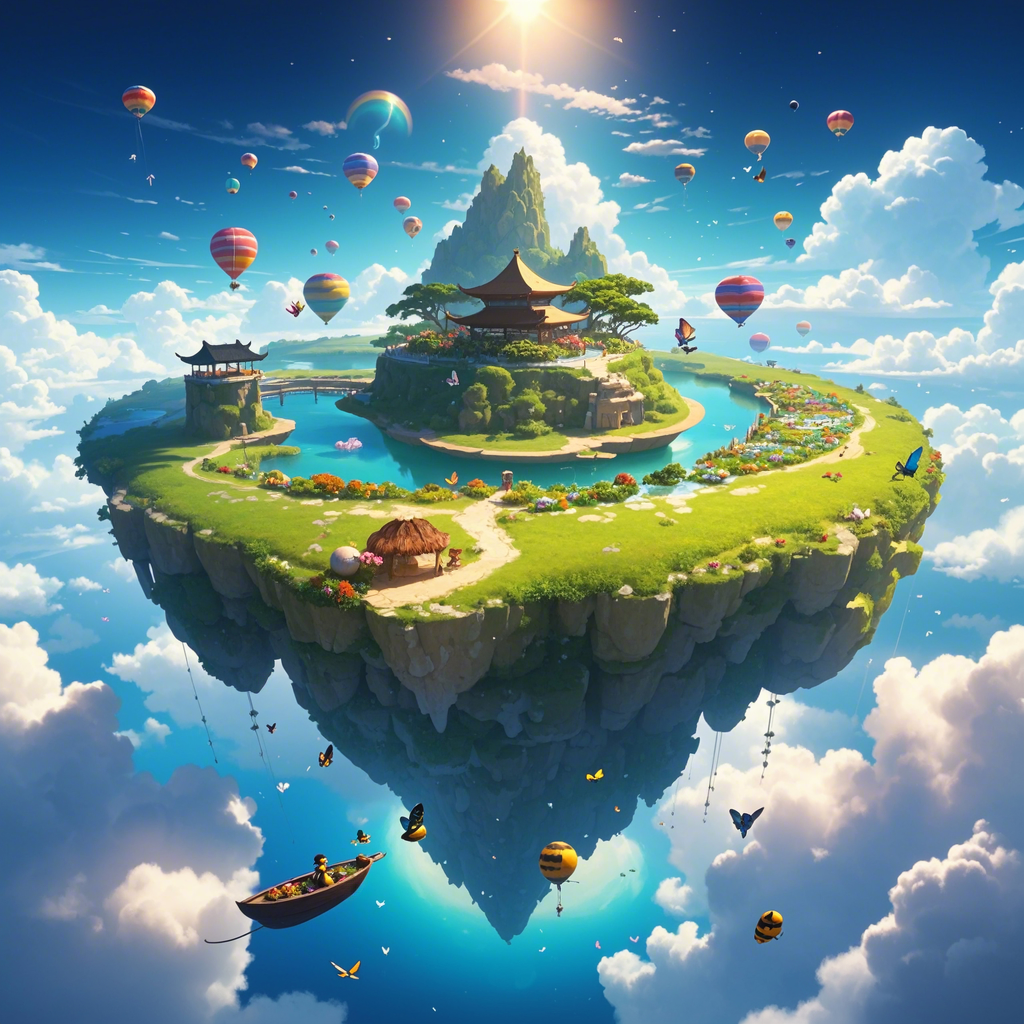 云梦浮空屿 浩瀚无垠的蔚蓝之上,岛屿悠然悬浮,轻触天际;晨曦微露