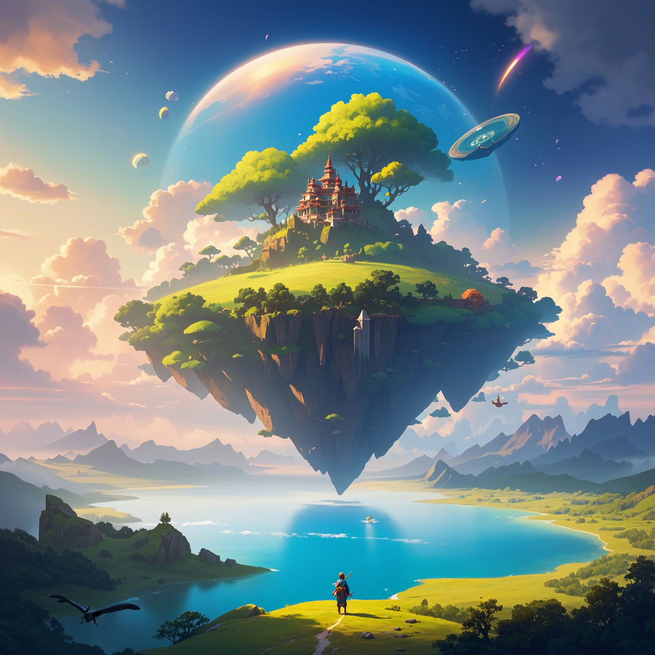 云梦浮空屿 浩瀚无垠的蔚蓝之上,岛屿悠然悬浮,轻触天际;晨曦微露