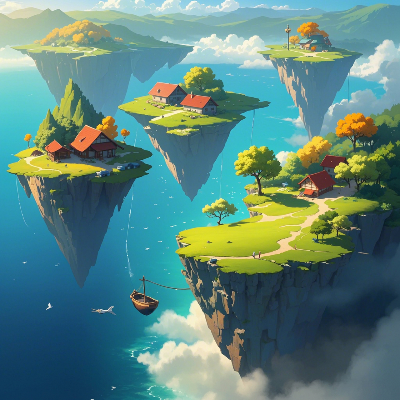 云梦浮空屿 浩瀚无垠的蔚蓝之上,岛屿悠然悬浮,轻触天际;晨曦微露