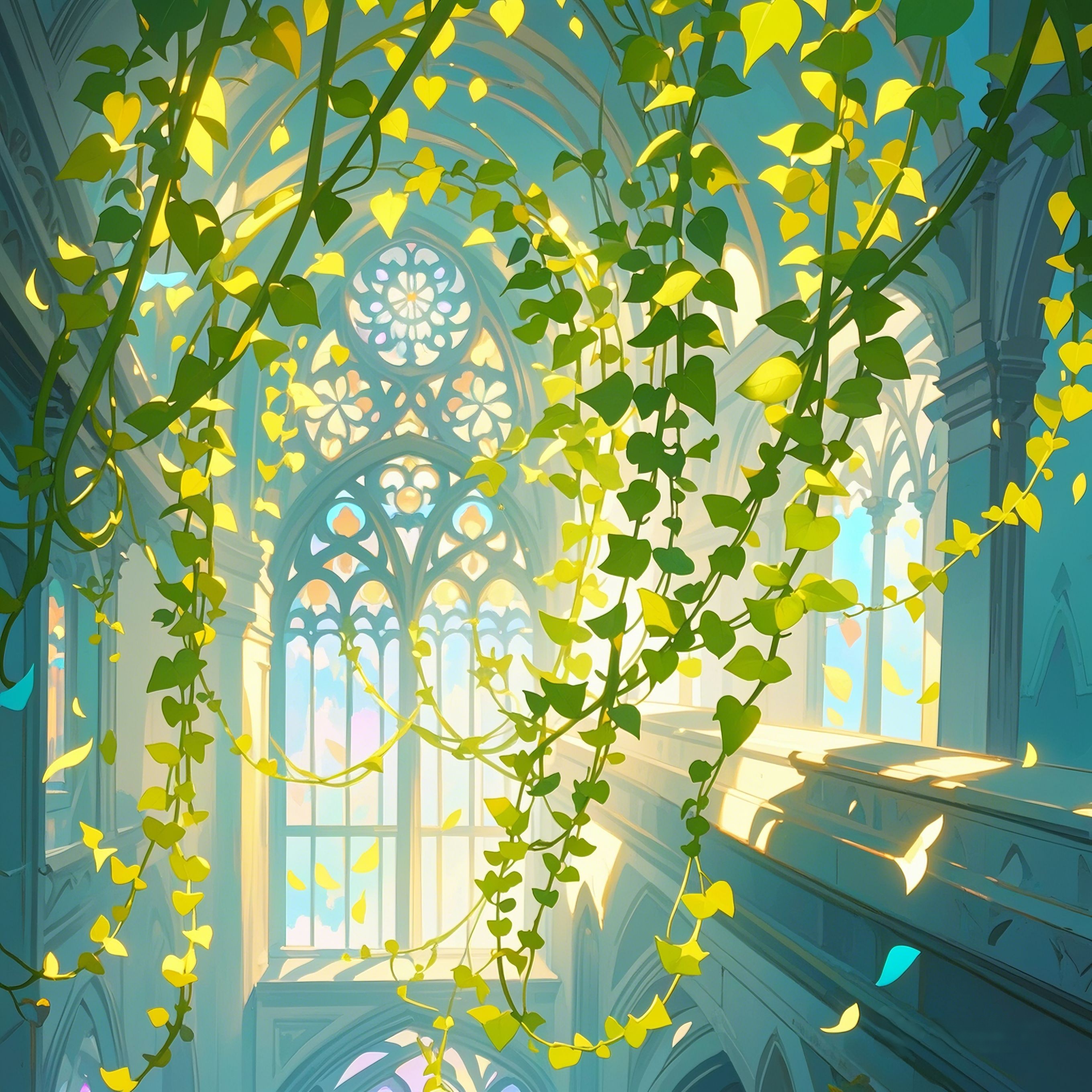 藤蔓轻扬 藤蔓轻盈地悬浮于空中,沐浴在柔和的光芒之下,随着微风轻轻