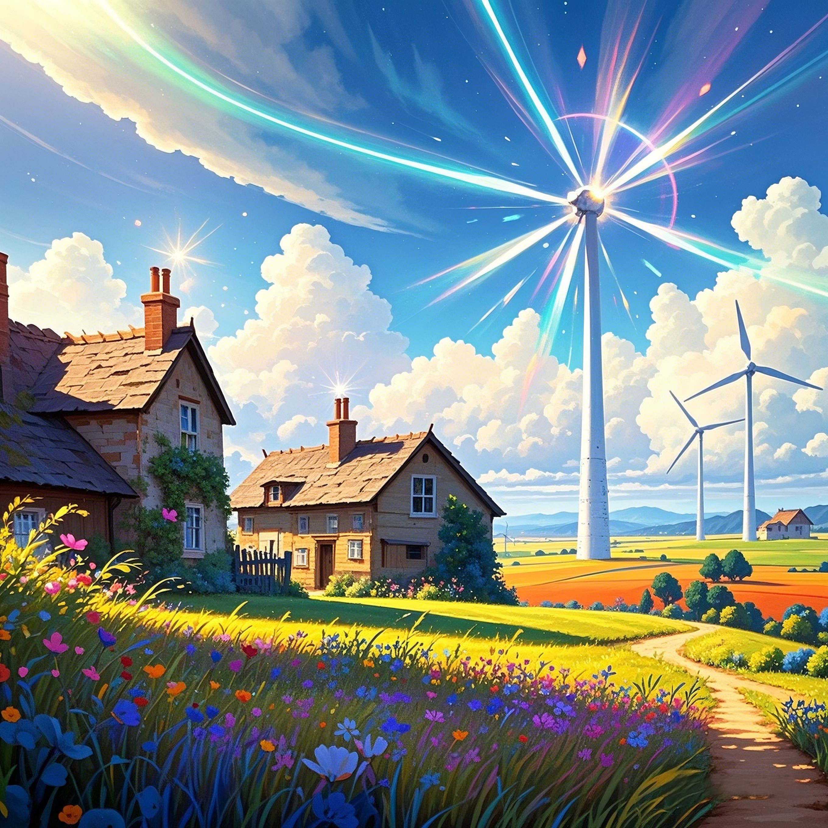 田间风车 明媚的阳光下,风车悠然转动,几间农舍点缀其间,明亮而温馨