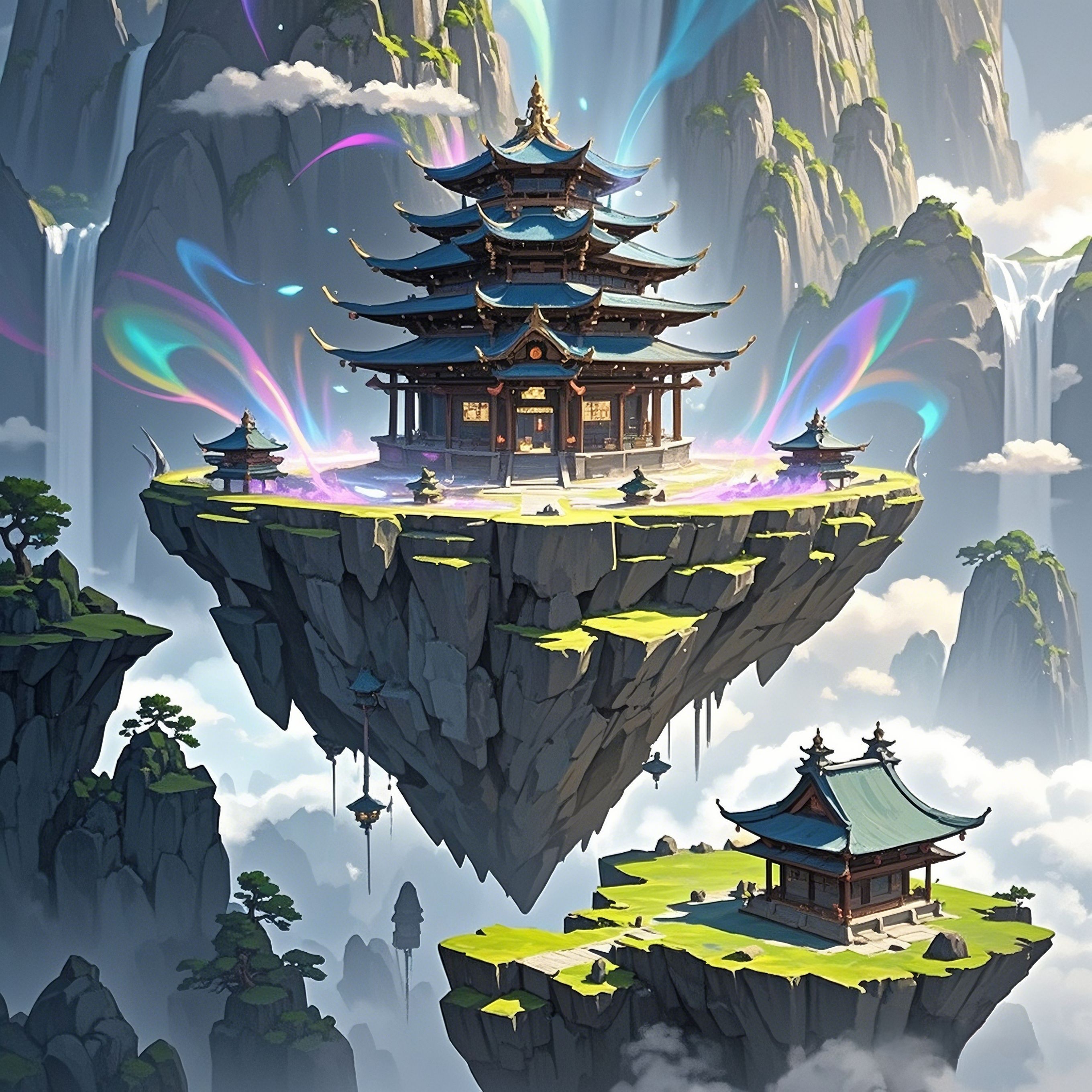 凌虚仙境 凌虚台立于悬崖之巅,台上灵气四溢,光线穿透云层,洒下斑斓