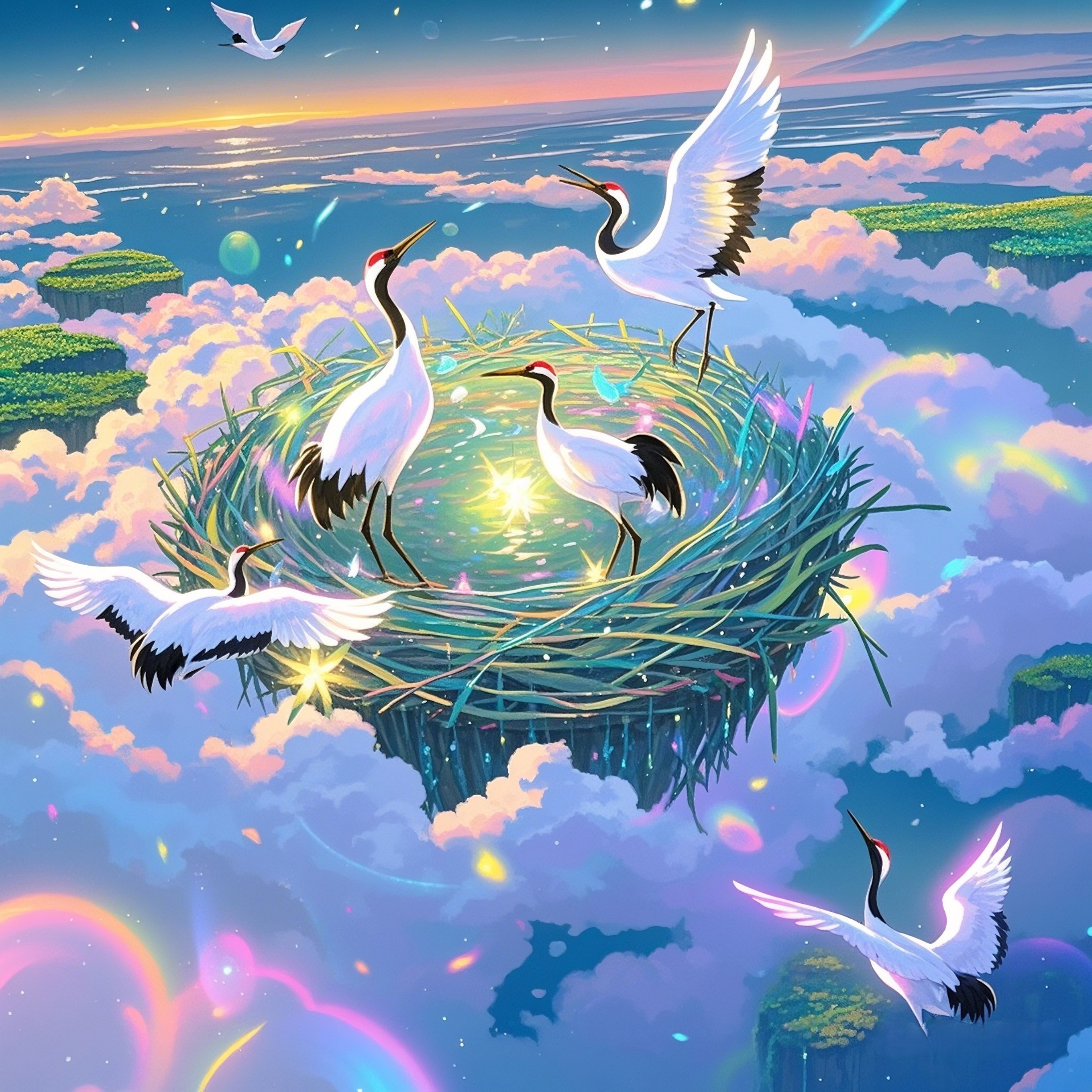 仙鹤栖云巢 仙鹤悠然栖息于天空中的云巢,如同仙境中的居所