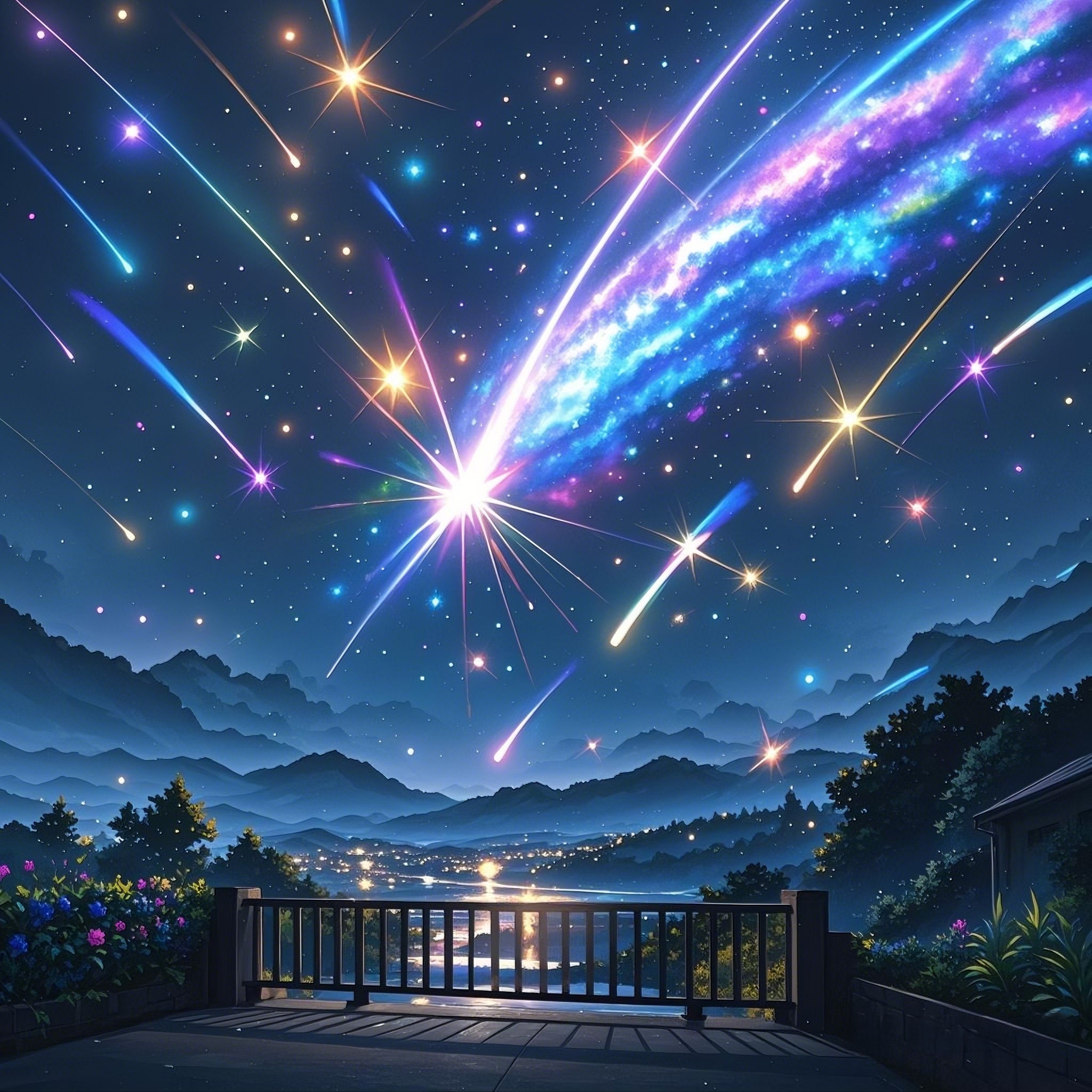 星雨赐福 夜空如墨,万籁俱寂,一场壮观的流星雨悄然上演,每一颗流星都